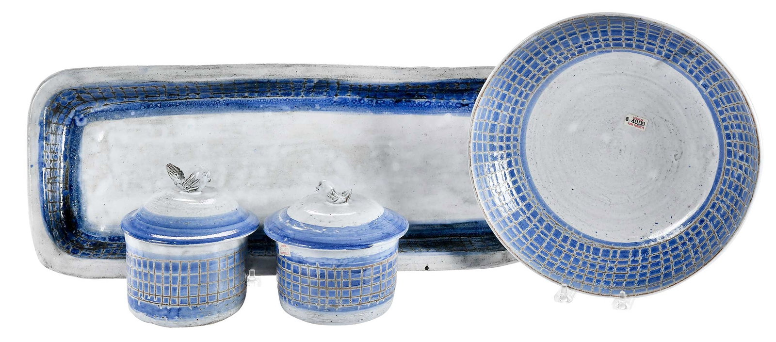 Four Albert Thiry Cobalt Net Pottery Table Objects: (French, 1923-2009) each signed "Thiry" on base, largest item 1-1/2 x 21-1/2 x 8-1/2 in. Provenance: Private Collection