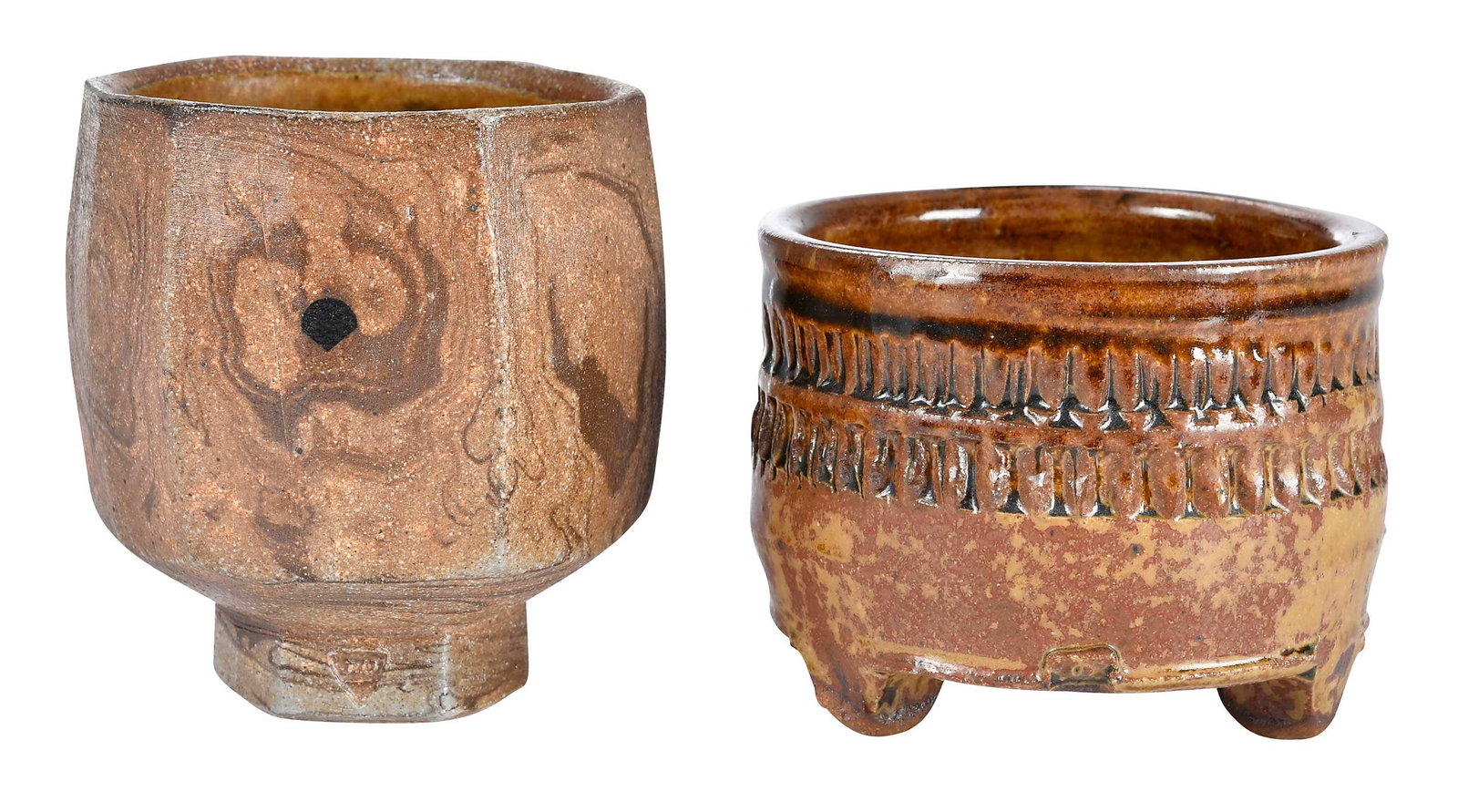 Two Studio Art Pottery Footed Vessels: comprising: Jeff Oestreich (American, born 1947), brown glazed hexagonal footed vessel, potter's mark to base, 4-1/8 x 4 x 4 in.; Warren MacKenzie (American, 1924-2018), brown, red, and tan glazed