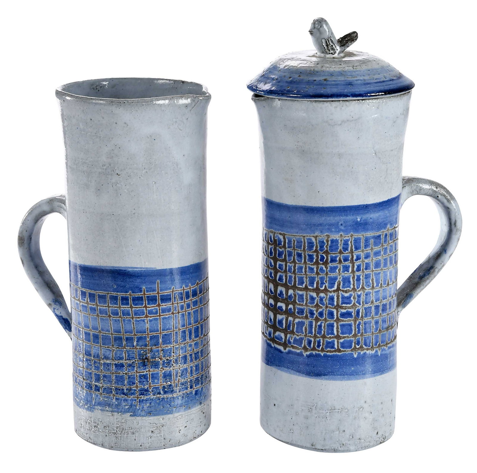 Pair of Albert Thiry Cobalt Net Pottery Tall Pitchers (1 of 7)