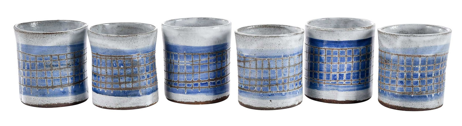 Six Albert Thiry Cobalt Net Pottery Drinking Vessels: (French, 1923-2009)each signed "Thiry" on base, each approximately 3-1/4 x 3 x 3 in.Provenance: Private Collection
