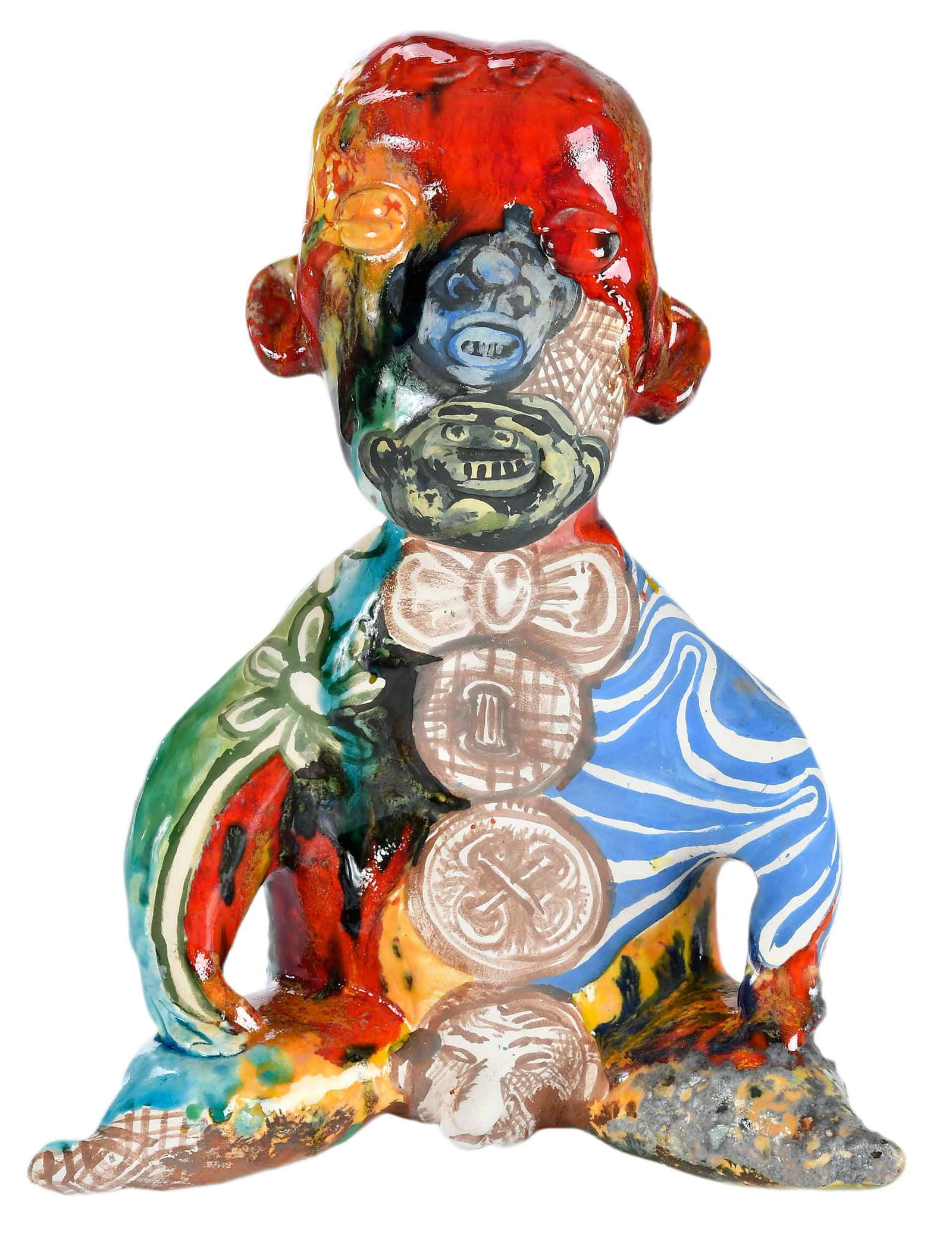 Michael Lucero, Post Columbus: (American, born 1953) Sitting figure, 2017, signed "Michael Lucero" on proper left leg, earthenware with glaze, overall 11-1/4 x 9 x 5 in. Provenance: Private Collection