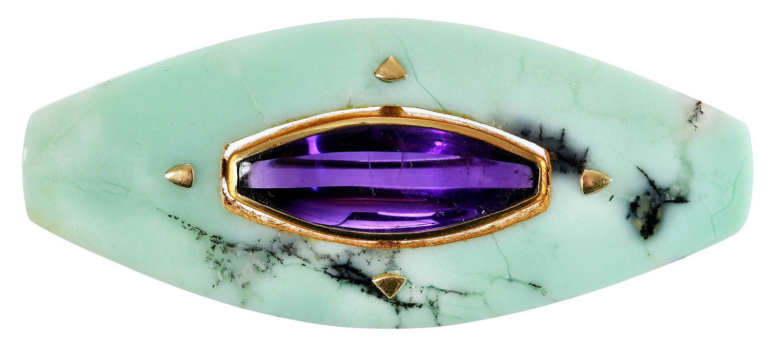 18kt. Tom Herman Lemon Chrysoprase and Amethyst and Pearl Brooch: navette shape translucent lemon chrysoprase, approx. 2-5/8 in. x 1-1/8 in., navette shape amethyst center, marked "18kt", yellow gold, back is accented by two round pearls, approx. 3.0mm - 3.5mm, stra