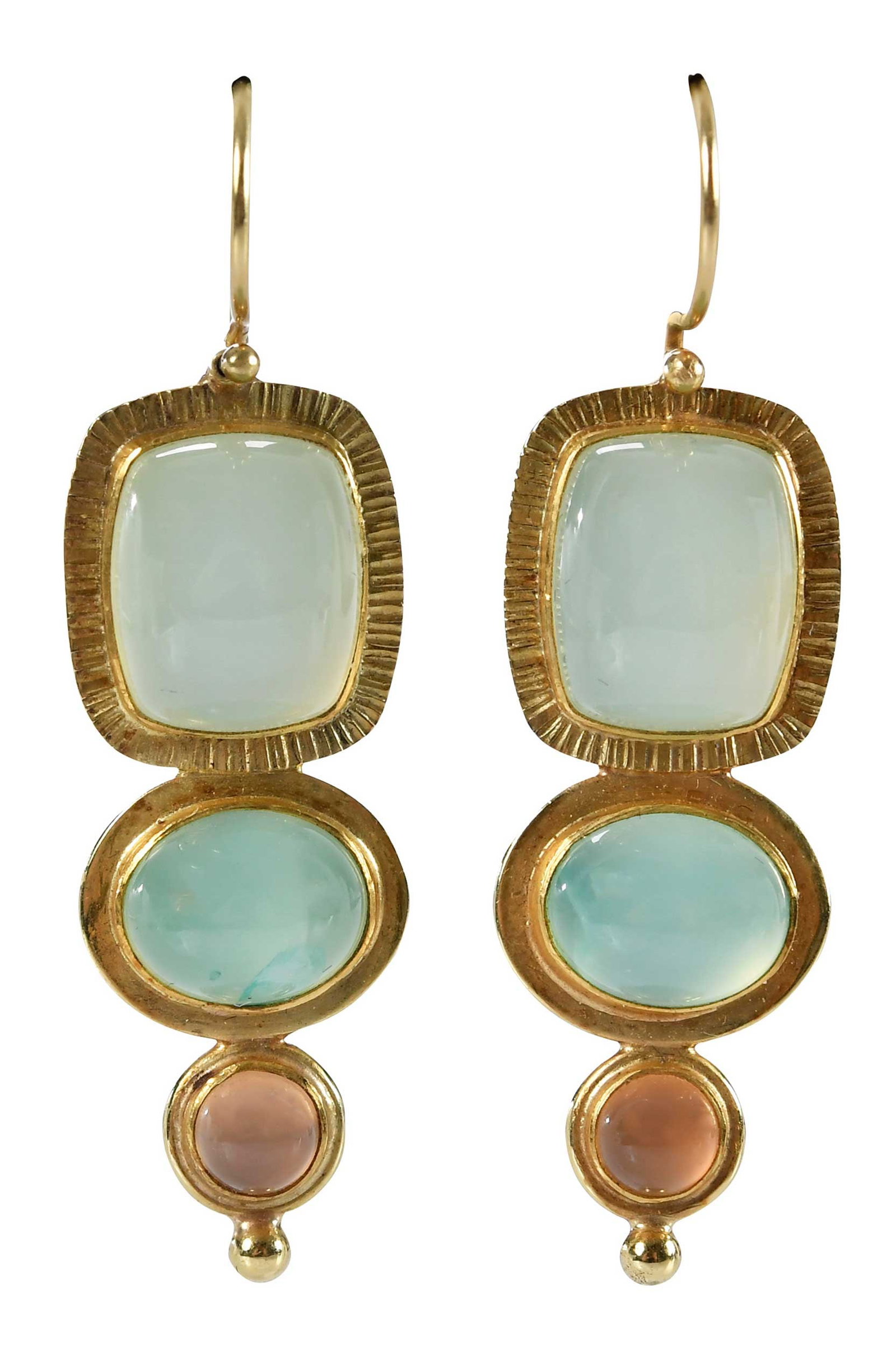 18kt. Triple Gemstone Aqua Chrysoprase and Rose Quartz Earrings: two rectangular cut cabochon aqua chrysoprase, two oval cut cabochon chrysoprase, two round cut cabochon rose quartz, signed, marked "18k", yellow gold, 1-1/2 in. without ear wire, 14.9 g Provenance: