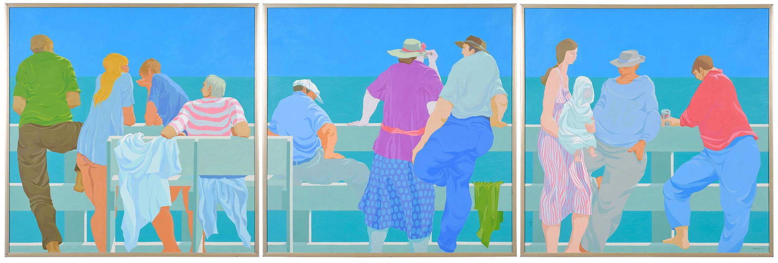 Claude Flynn Howell: (American/North Carolina, 1915-1997) Triptych: Beach Pier, 1971, signed bottom right of panel C, "Claud Howell", acrylic, each 49-1/2 x 49-1/2 in.; wood frame each 51 x 51 Provenance: Property from a