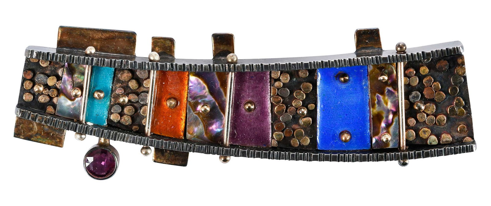 14kt. and Sterling Earl Pardon, Enamel Mosaic Brooch: circa 1988, four enamel tiles, three abalone tiles, one round faceted rhodolite garnet, marked "STERLING, 14K, Pardon", yellow gold, and oxidized textured sterling silver, 2-1/4 in. length,1/2 in. at