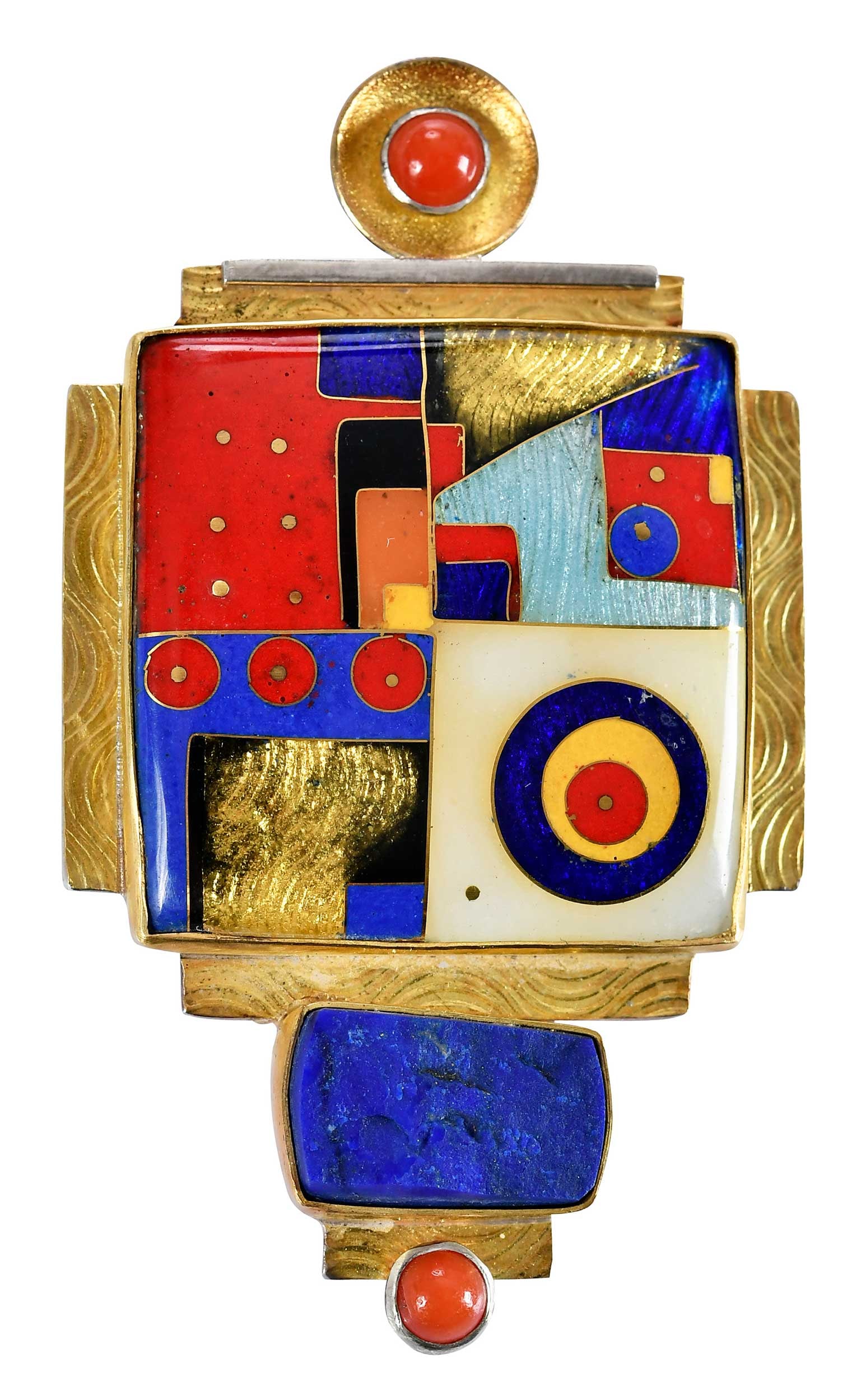 22kt. and Sterling Lapis Lazuli and Cloisonne Enamel Brooch Pendant: unpolished rectangular shape lapis lazuli, two round cabochon coral, red, blue, white, yellow and black enamel, marked "22K, Sterling", yellow gold and sterling silver, 2-1/8 in. length, 1-1/4 in. wid