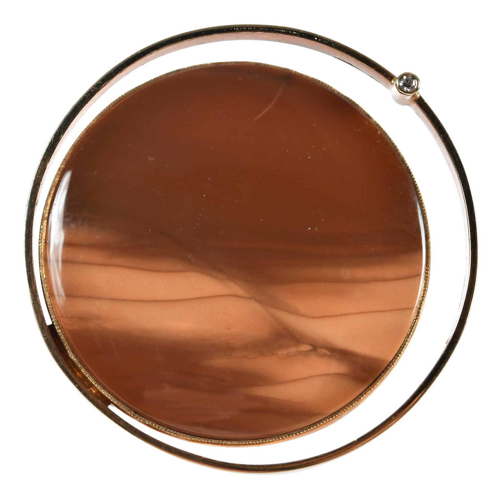 14kt. Picture Jasper and Diamond Brooch, Pendant: circular cut picture jasper cabochon, approx. 38.0mm diameter, one round faceted diamond, marked "14K, Z", yellow gold, 1-3/4 in. complete diameter, 26.6 gProvenance: Private CollectionNote: Buyers