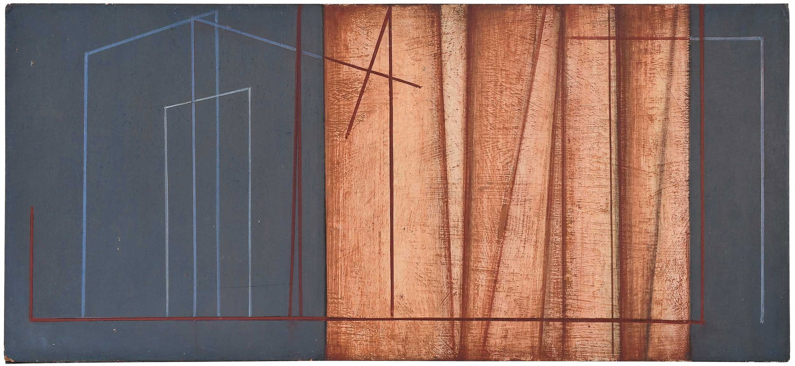 Luc Peire, Byzance: (Belgian, 1916-1994) No. 689, signed verso "Peire", 1964, with artist's label verso, oil on paperboard on original painted wood and Masonite support, 10 x 21-1/2 x 1/2 in. Provenance: Henri Gallery, A