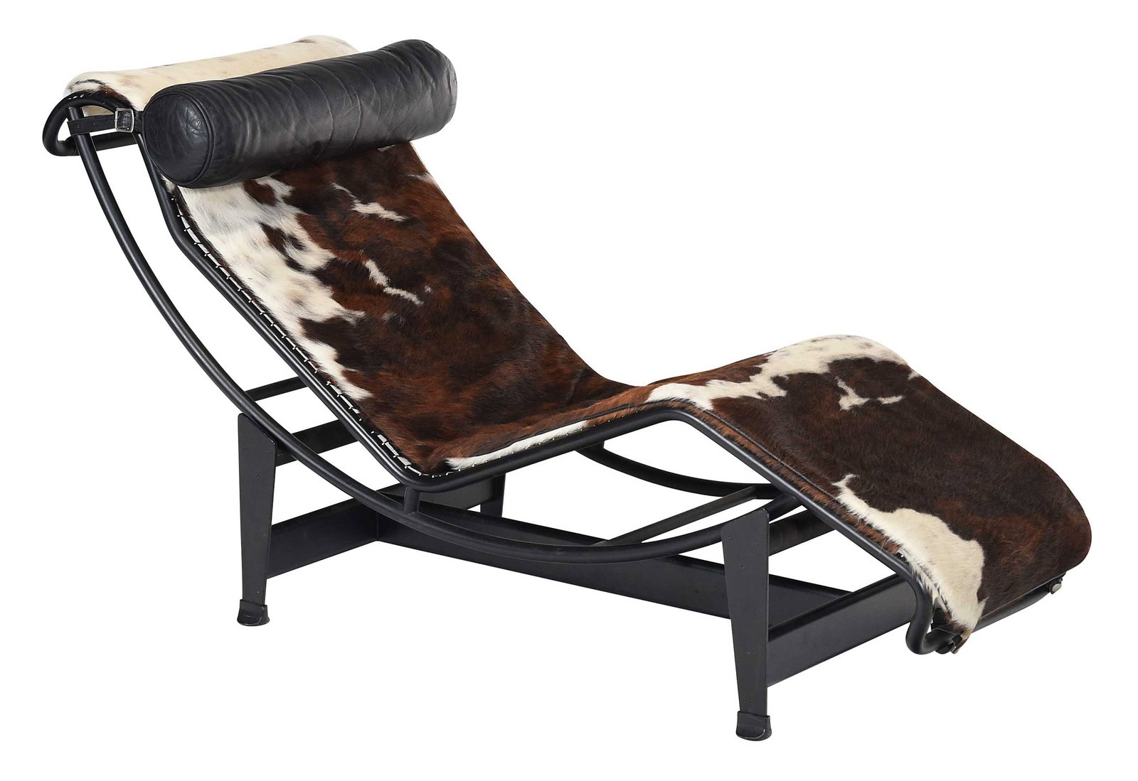 Mid Century Modern Le Corbusier for Cassina LC4 Lounge Chair: 20th century, black metal frame with elastic straps, cow skin cover, black metal base, marks to crown rail include serial number "30124", elastic straps also with Cassina branding, black leather head