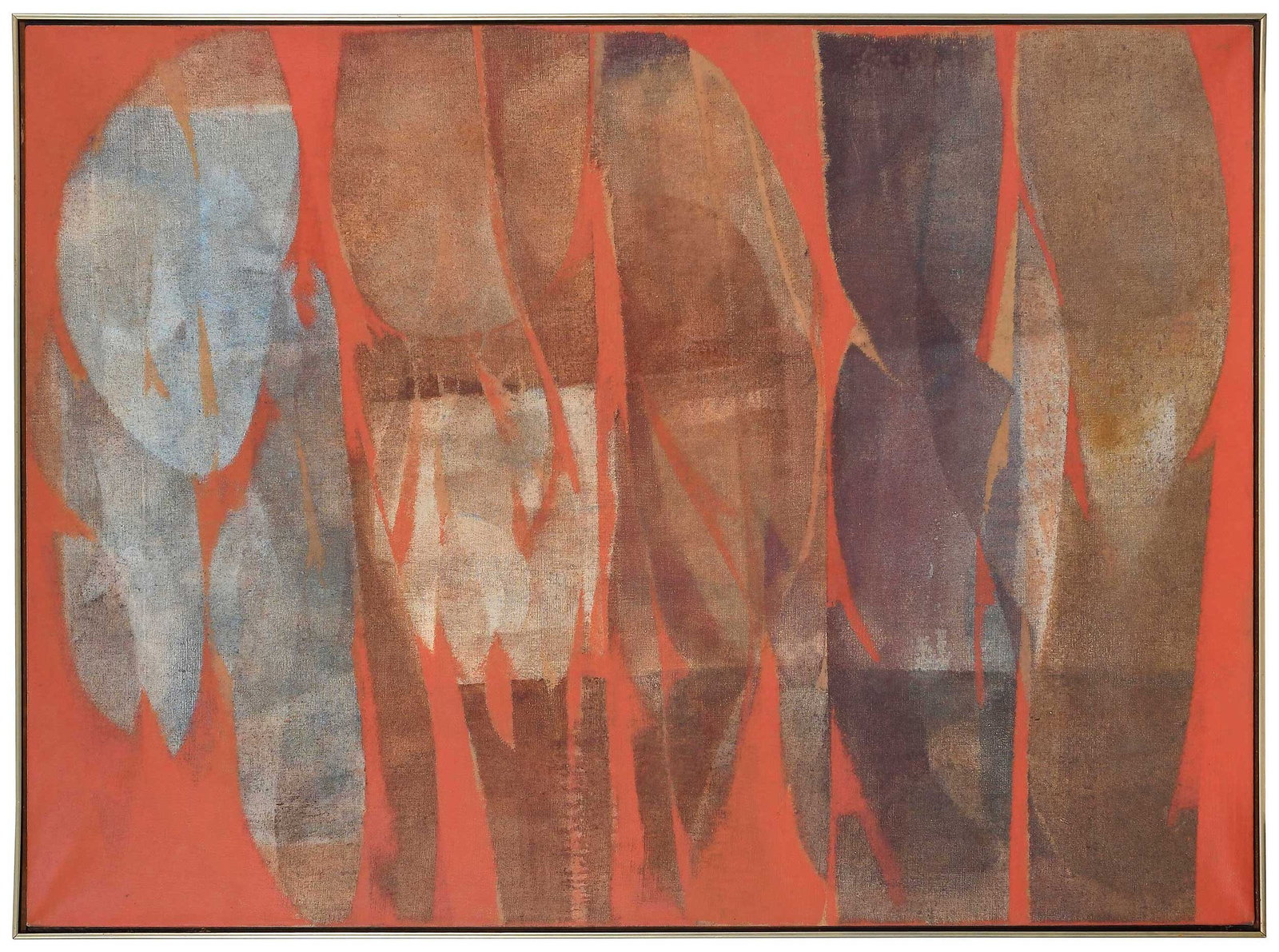 John Chapman Lewis, Earth Rhythm: (Washington, DC, 1920-1995) Abstract elements on an orange field, unsigned, identified on typed label verso, oil on canvas, 44-1/4 x 60 in.; original gallery frame, 45-1/2 x 61-1/8 x 1-3/8 in. Provena