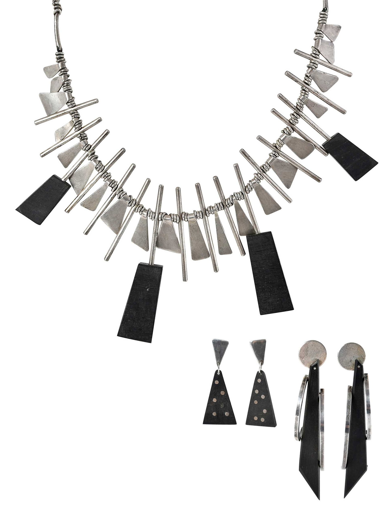 Sterling Silver and Ebony Geometric Design Necklace and Two Pairs of Earrings (1 of 8)