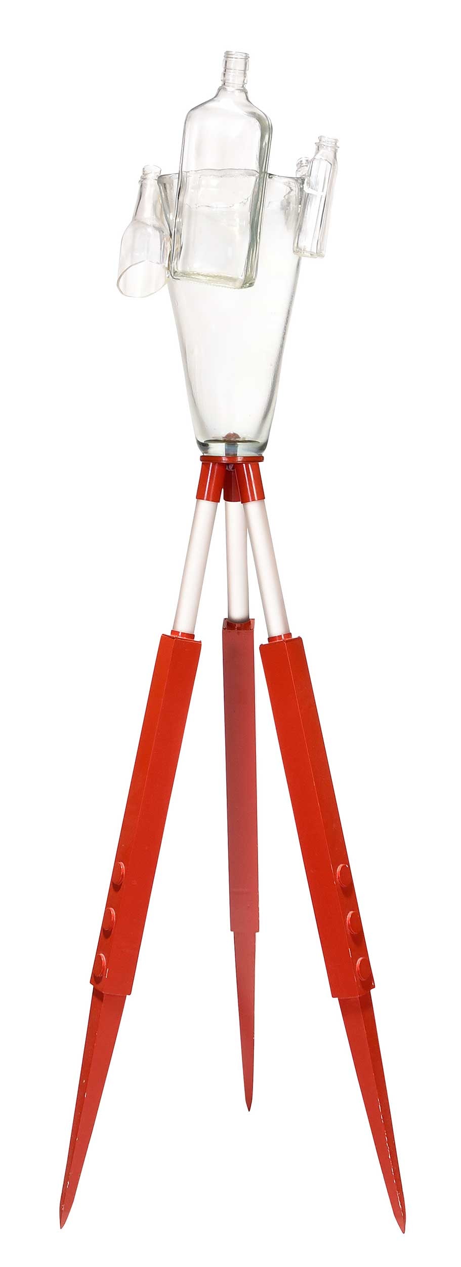 Dan Dailey: (Massachusetts, born 1947)Red Stick-On, 1979, vessel in found and blown glass, glass rods, painted metal, printed wood, 51-1/4 x 16 x 16 in.Provenance: Theo Portnoy Gallery, New York, purchased in