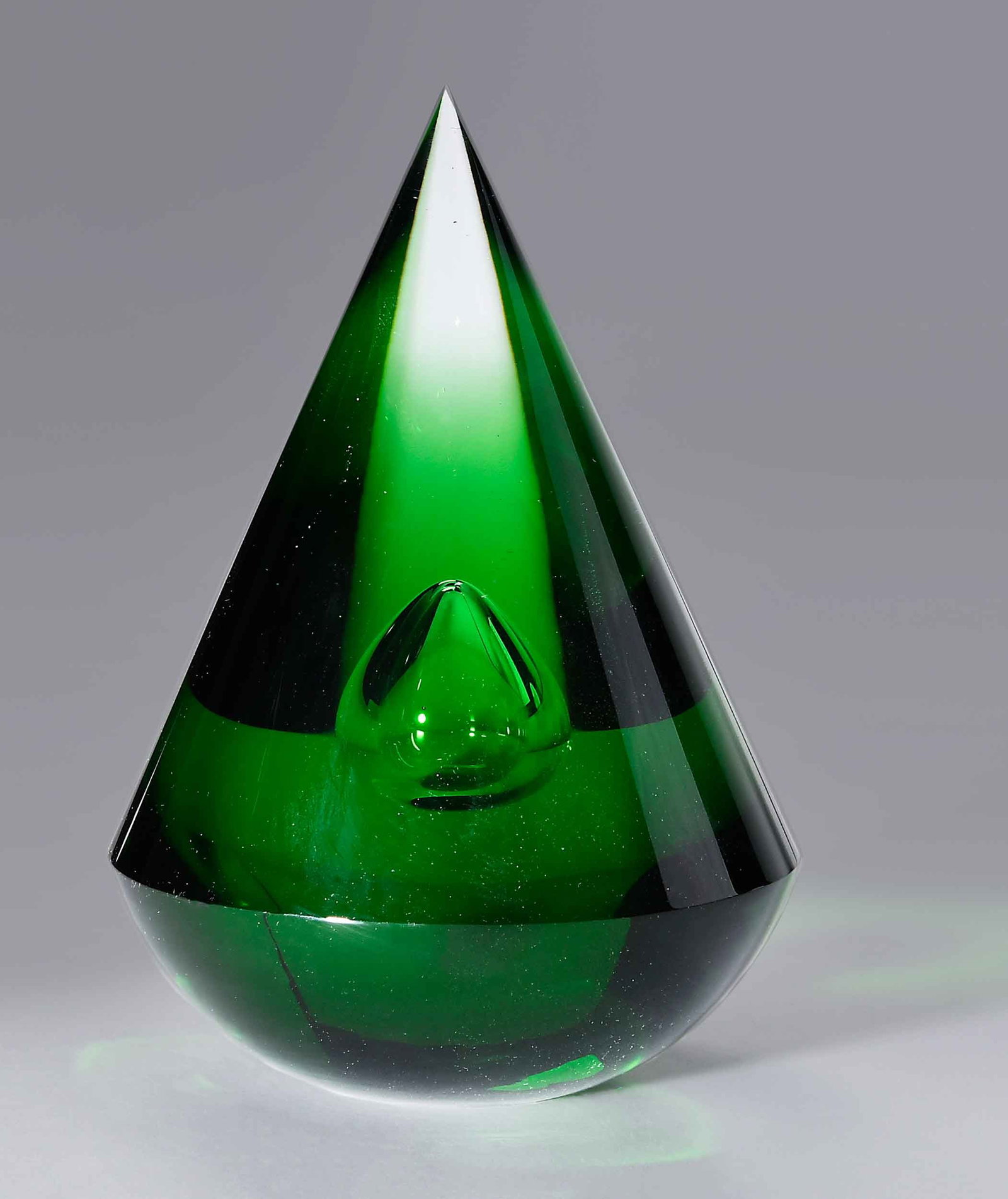 Petr Hora, Green Cone: (Czech, born 1949) 1999, signed and dated underside "Petr Hora/99", cast, blown, and polished emerald green glass, 11 x 7 in. diameter Provenance: Acquired from the artist; Private Collection