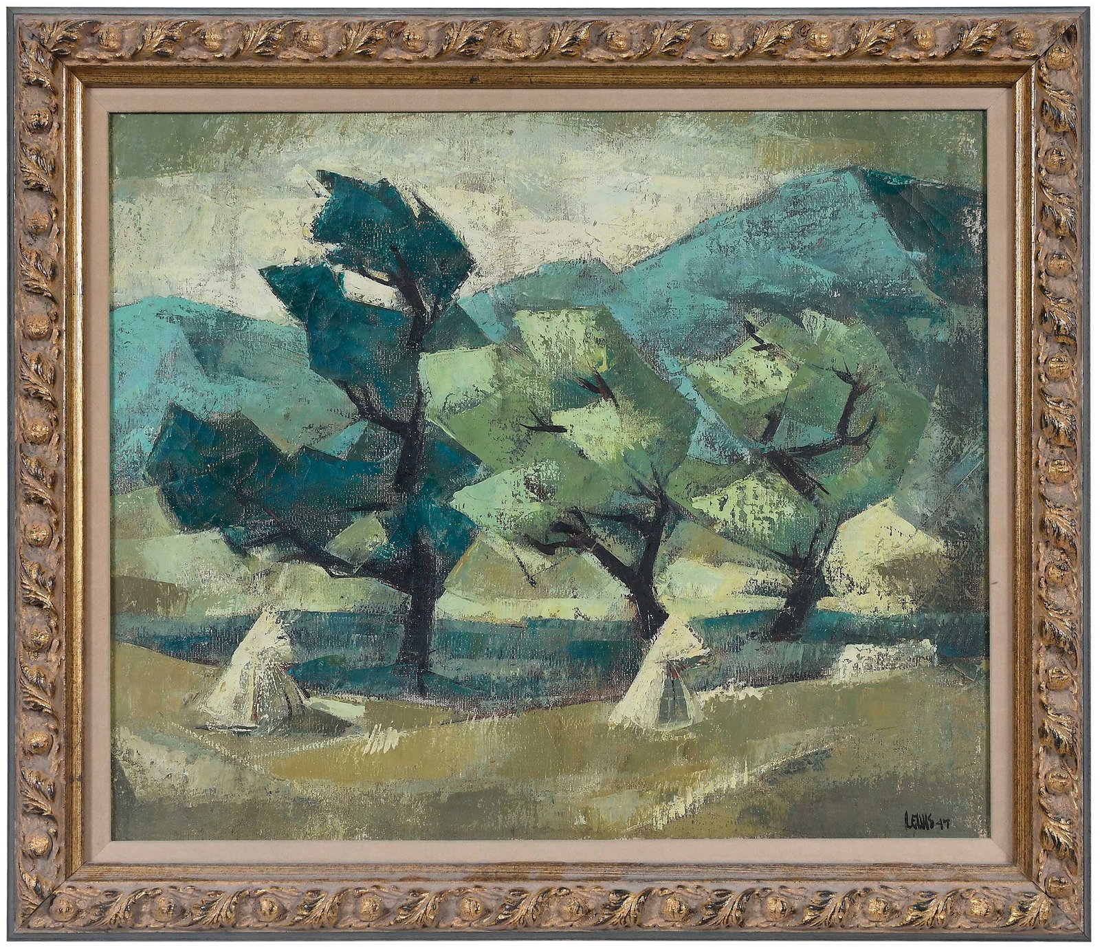 John Chapman Lewis, Green Valley: (Washington, DC, 1920-1995) Haystacks and trees, 1947, signed lower right "Lewis 47", signed and inscribed twice on stretcher verso, oil on canvas, 18 x 22-1/8 in.; gilt wood and molded frame, 22-3/8