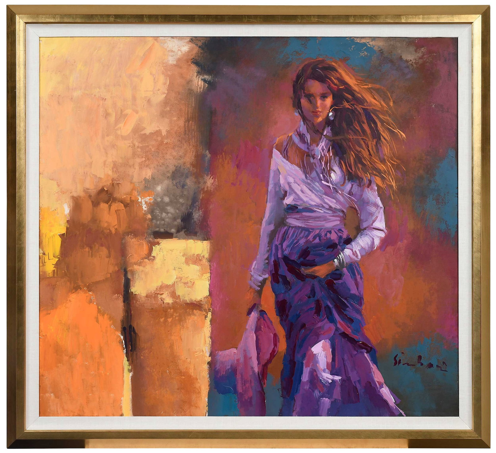 Nicola Simbari, Woman in a Purple Dress: (Italian, 1927-2012) signed lower right "Simbari", two indented signatures on lower edge, oil on canvas, 43-1/4 x 47-1/8 in.; modern gilt wood frame, 50 x 53-7/8 x 1-1/2 in. Provenance: Private North