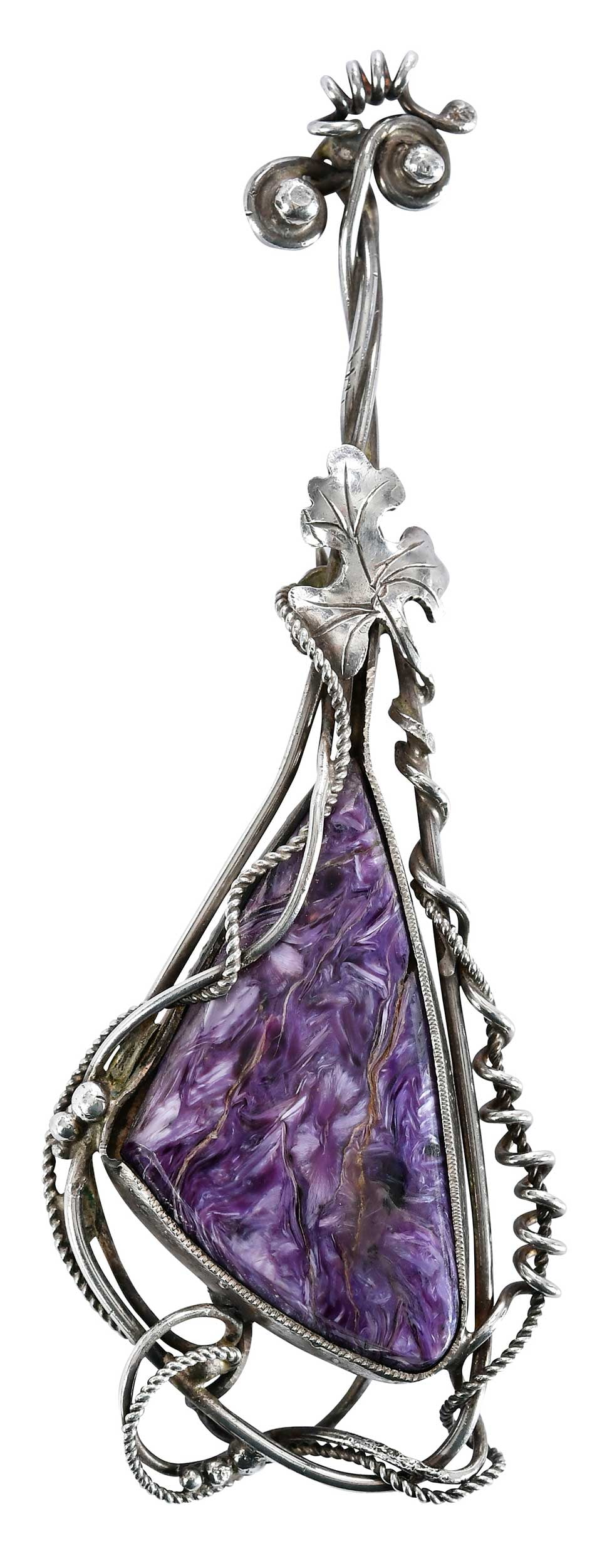 Sterling Silver Vadim Bora Brooch with Charoite: polished free form charoite crystal, signed Vadim Bora, tests sterling silver, 3-3/4 in. length, 1-1/4 in. at widest area, 20.8 g Provenance: Private Collection, Asheville, North Carolina Note: (Charo