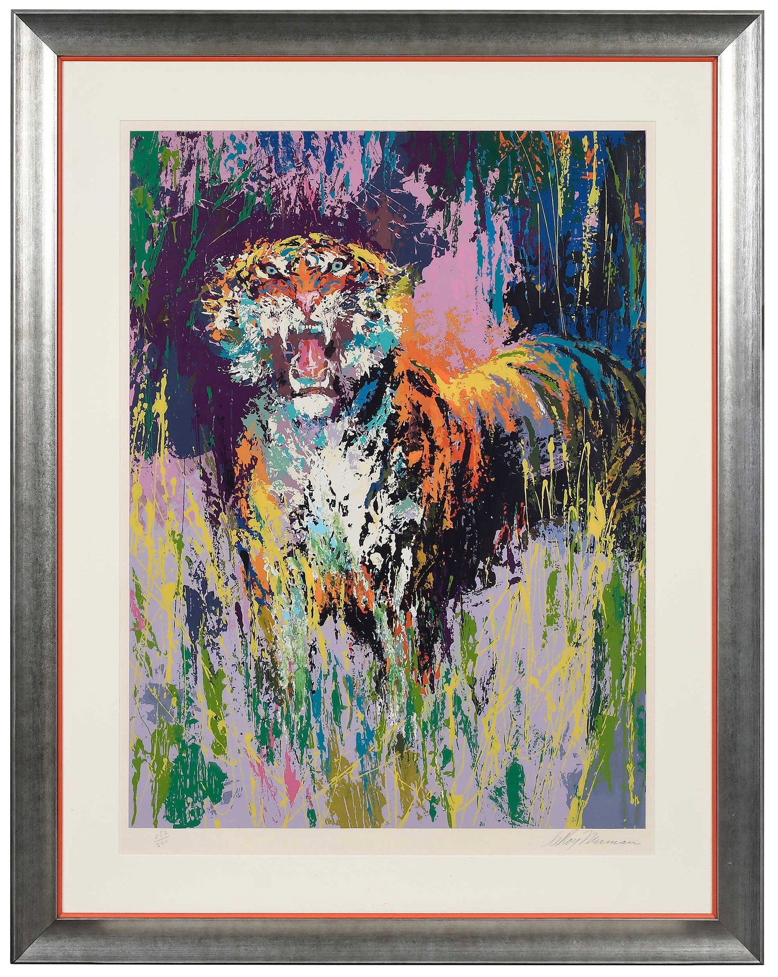 LeRoy Neiman, Bengal Tiger: (American, 1921-2012) A roaring tiger in tall grass, edition 252/300, signed lower right "LeRoyNeiman", image 42 x 31 in.; modern gilt frame, 57-1/2 x 45-1/4 x 1-1/2 in. Provenance: Private South Caro