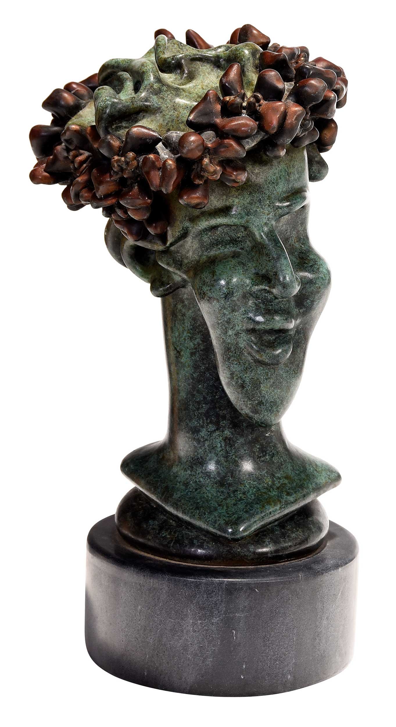 Richard Jolley: (American/Tennessee, born 1952) "Bronze Red Garland," bronze head in variegated tones of sage green, a deep crimson garland rests atop the crown, signature in base "Richard Jolley /3", 16 x 7 x 9 in.