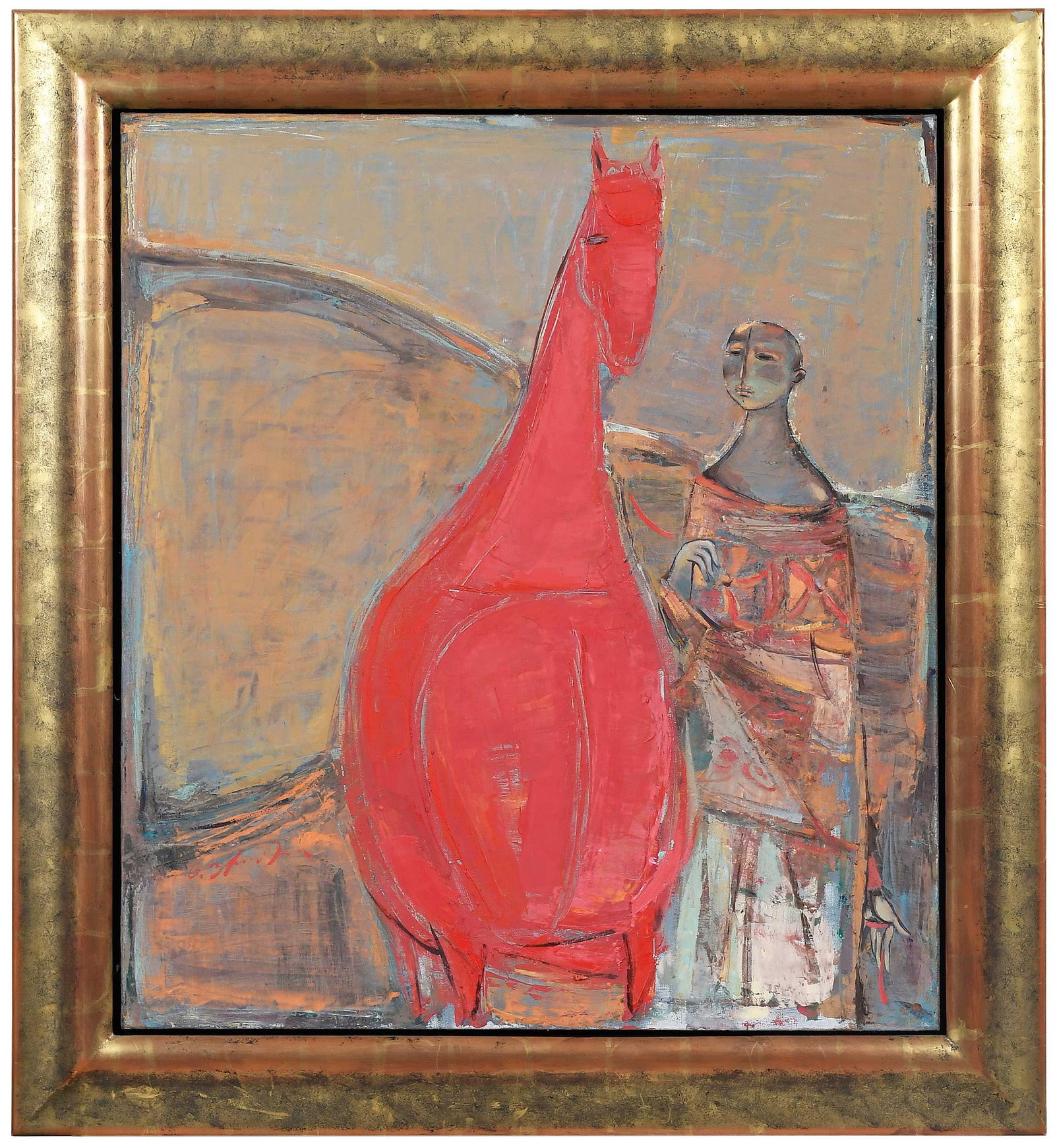 Olena Zvyagintseva, The Start of the Journey: (Ukrainian, born 1966)Rider with a red horse, 2006, signed and inscribed verso in Cyrillic, oil on linen, 35 x 31-1/4 in.; modern gilt wood frame, 40 x 43-5/8 x 2 in.Provenance: TEW, Atlanta,