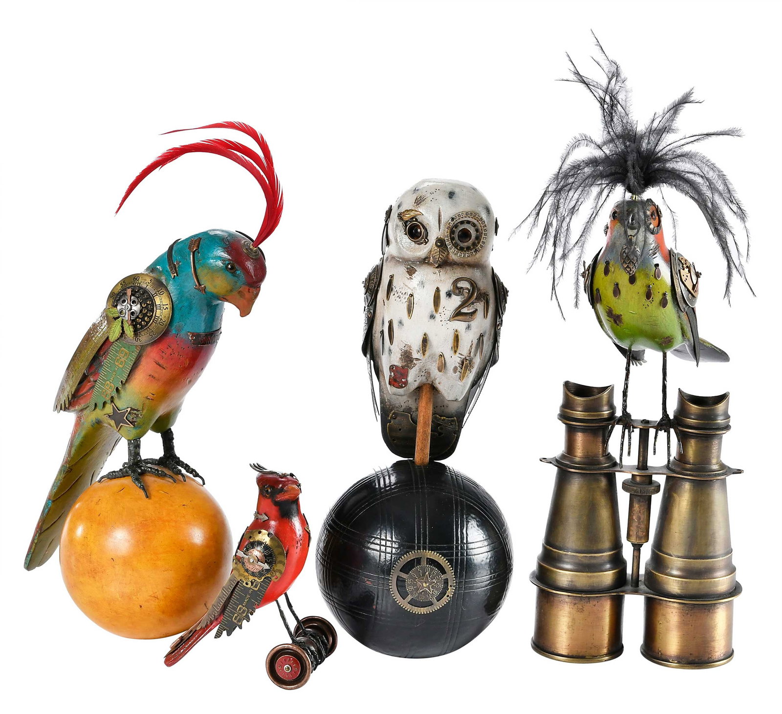 Four Mullanium Steampunk Bird Sculptures: (Jim and Tori Mullan, Florida, 20th/21st century)Four birds, each mounted on a vintage ball, binoculars or spool, all signed, mixed media, 14-1/2 in. the tallest, 5 in. the smallestProvenance: