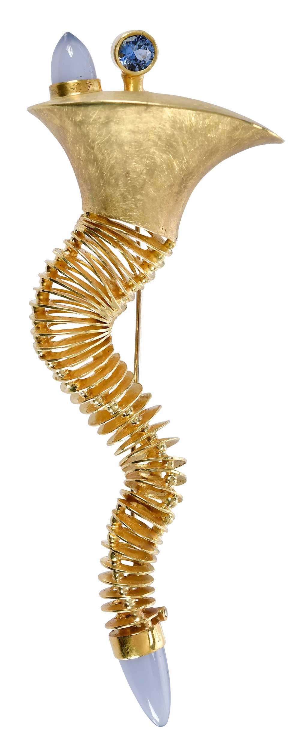 18kt. Wise 2X Blue Spiral Brooch, with Blue Sapphire and Chalcedony (1 of 10)