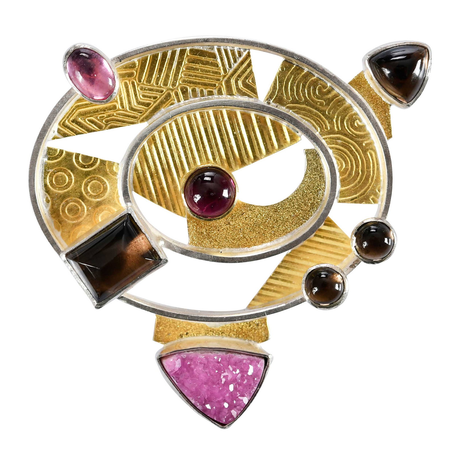 14kt. and Sterling Drusy, Smoky Quartz and Tourmaline Textured Brooch, Pendant (1 of 6)