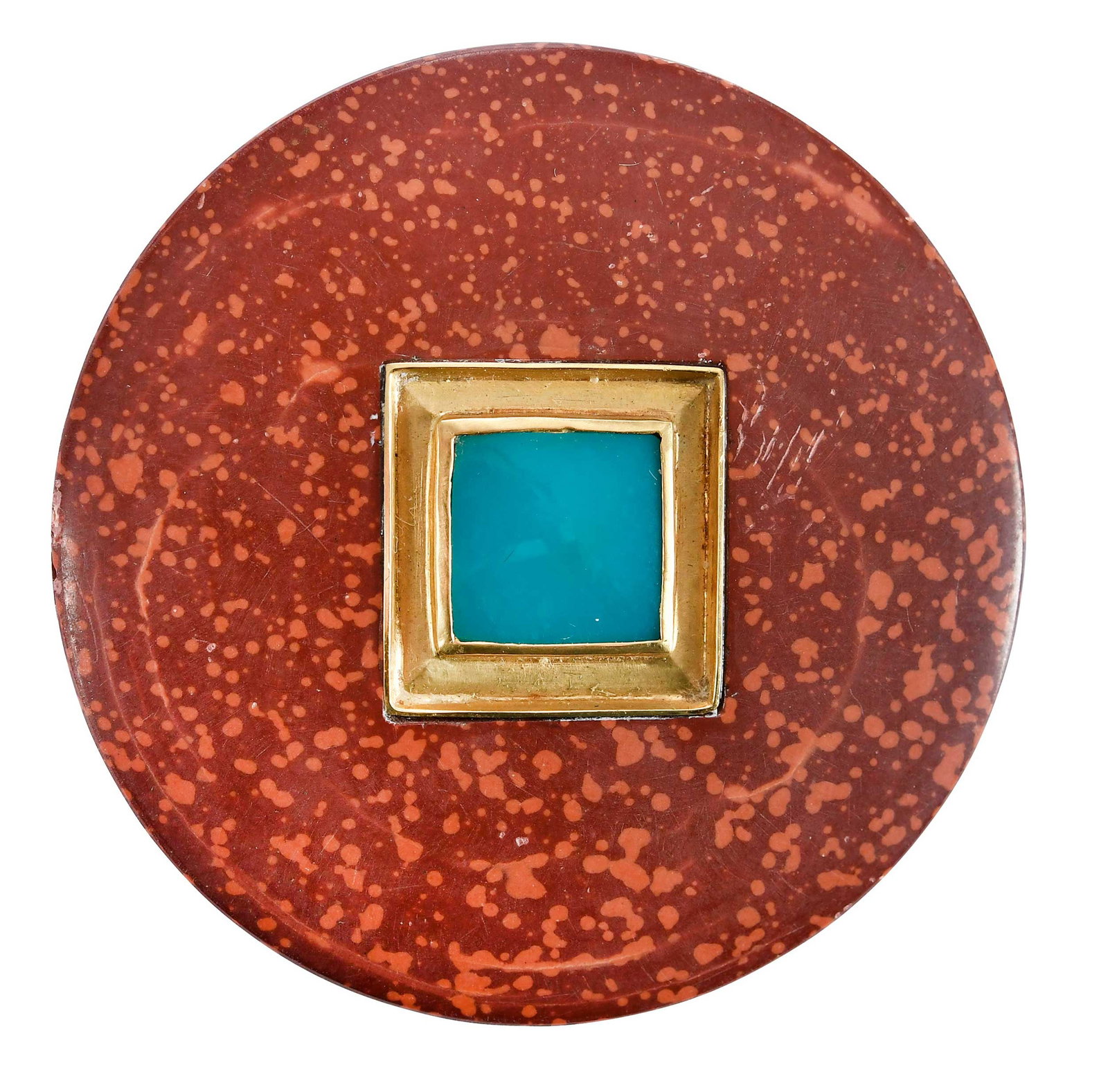 18kt. Tom Herman Pipestone and Chrysocolla Brooch: circular shape pipestone, approx. 2-1/8in., diameter, square cut chrysocolla, approx. 13.5mm x 13.0mm, marked "18kt.", yellow gold, straight pin on back, 10.8 gProvenance: Private CollectionNote: Tom