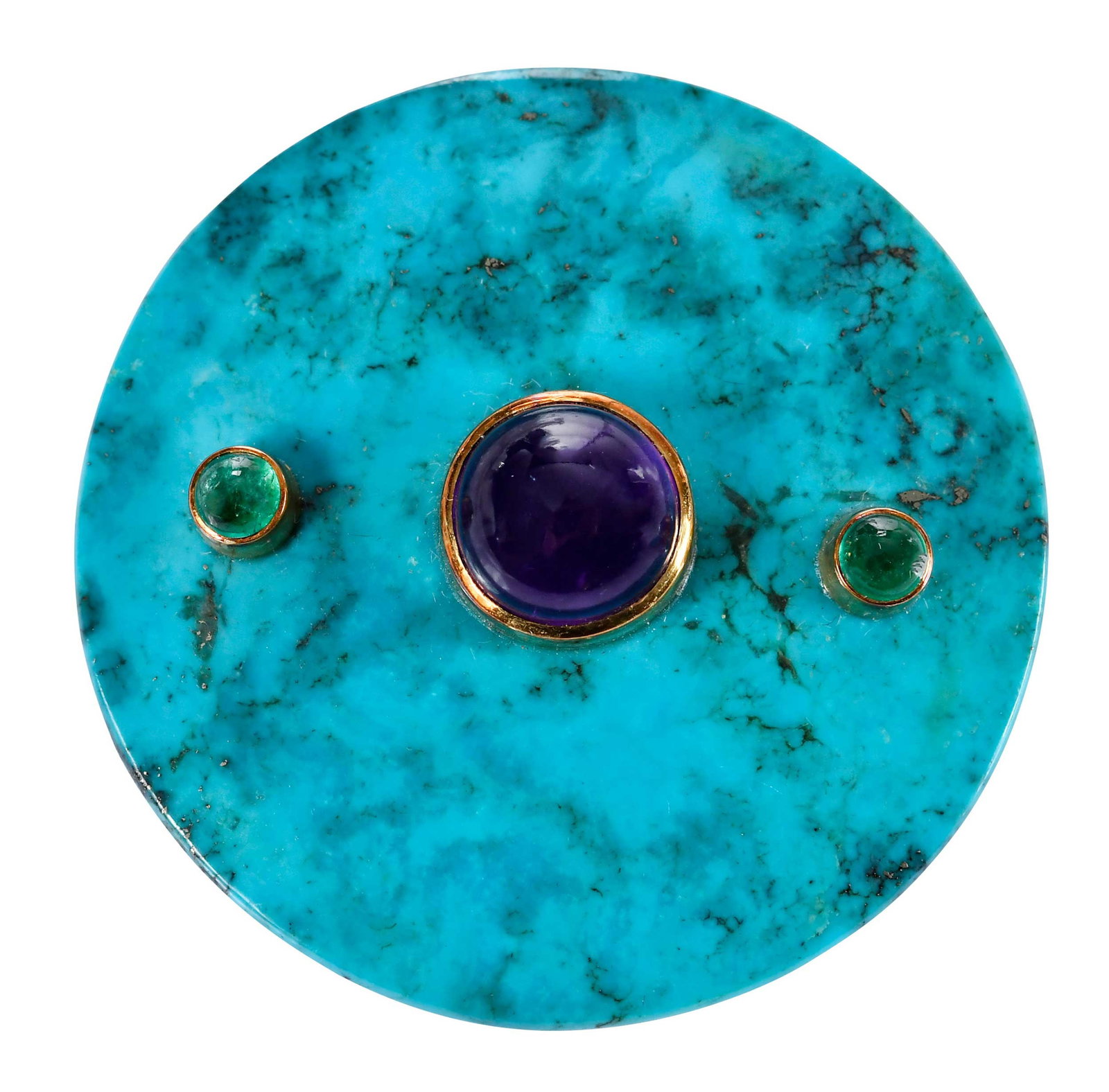 18kt. Tom Herman Turquoise, Amethyst, and Emerald Brooch: circular turquoise with pyrite, approx. 1-1/2in. diameter, round cabochon cut amethyst, approx. 9.5mm, two round cabochon cut emeralds, approx. 4.0mm, signed "TH88", marked "18kt.", yellow gold, strai