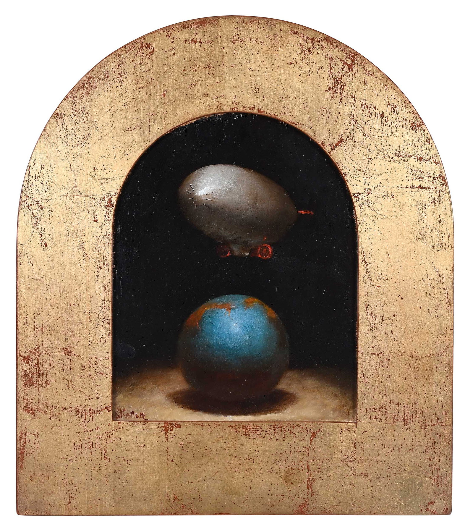 Steven Skollar, Blimp: (American, born 1960)Blimp, NYC, 1996, signed "Skollar" lower left and "Steven Skollar" verso, inscribed with title, date, and location verso "Blimp, 1996, NYC", oil on linen mounted on board, 10 x 8