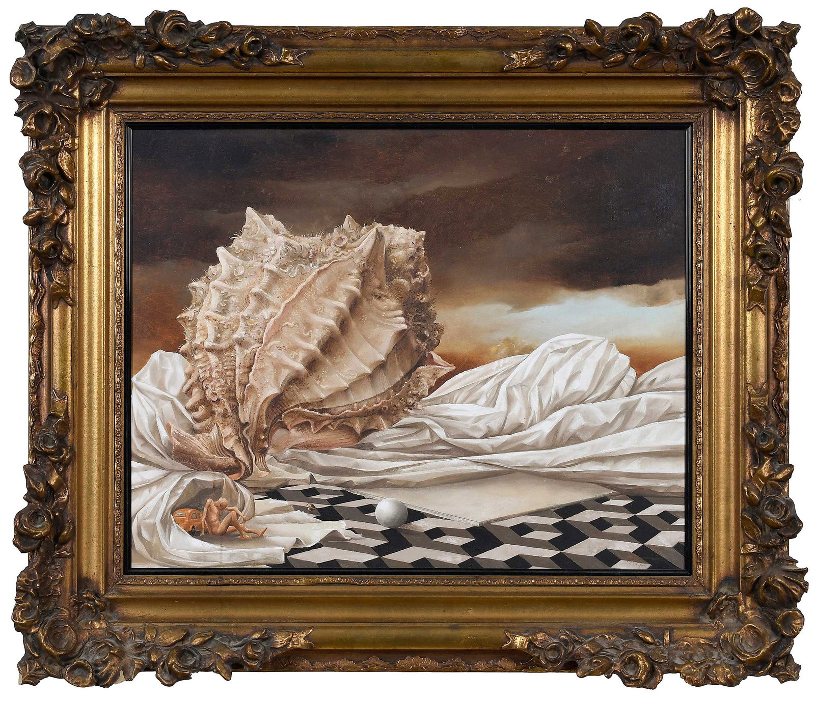 Renzo Galardini, Surreal Painting: (Italian, born 1946)Untitled, signed lower right "R Galardini/1987", also signed verso, Italian inscription verso translated reads "oil on canvas, cm 40 x 50/created in Cecina in Via Montanara