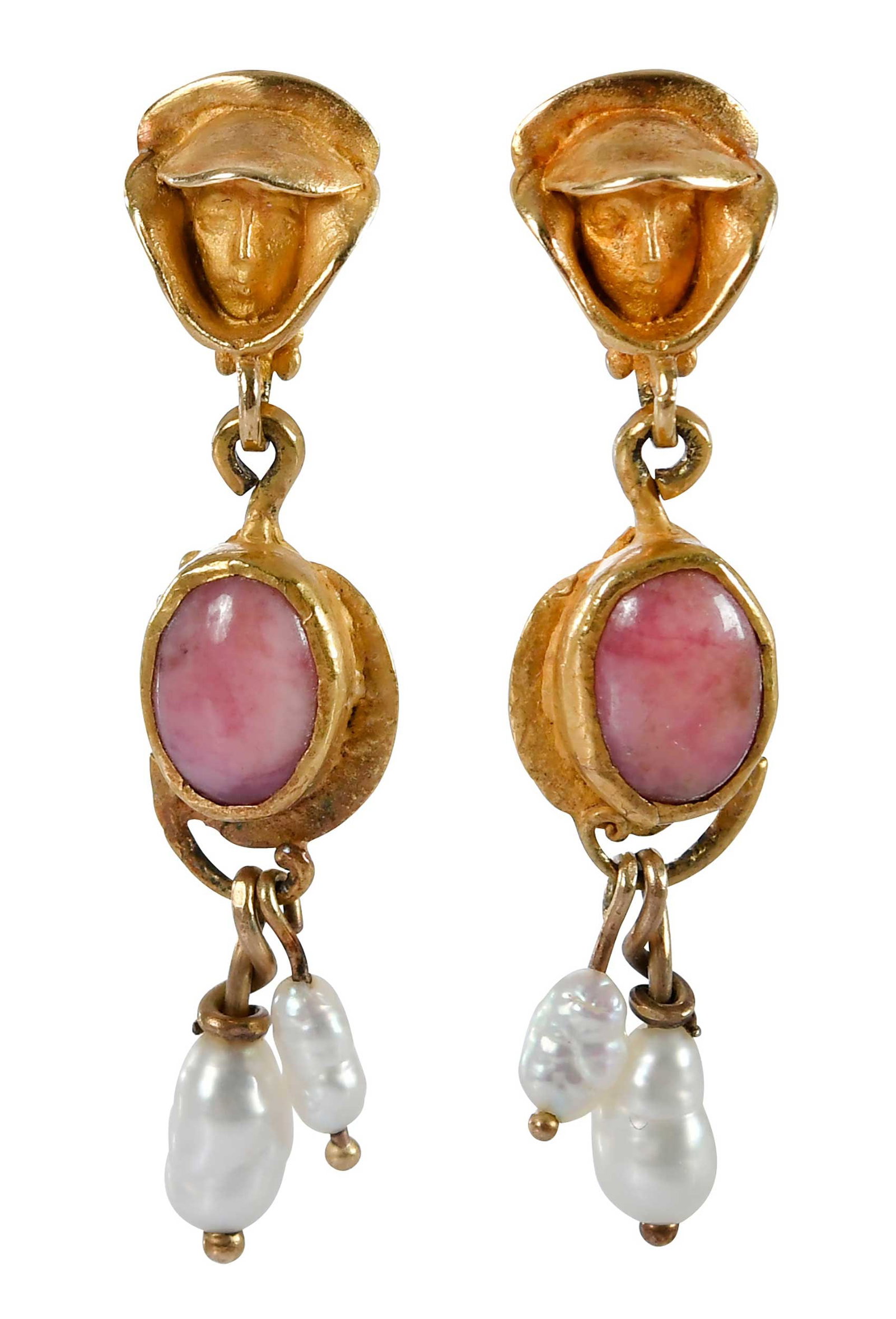 14kt. Sculpted Faces with Rhodonite and Freshwater Pearl Drop Earrings: two oval cabochon cut rhodonite, four freshwater pearls, signed possibly "MJ", marked "14k", yellow gold, 1-3/8 in. length, two sculpted faces, approx. 8.0mm width, 5.9 g Provenance: Private Collectio