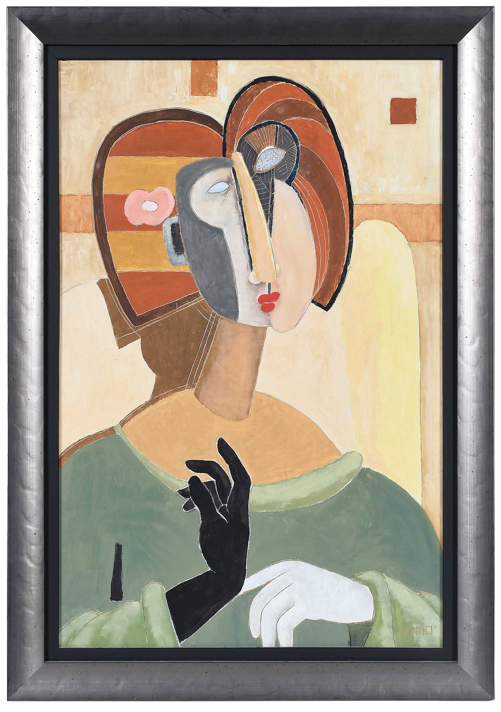 Kimo Minton, Cubist Portrait: (London/American, born 1950) Woman, signed lower right "Kimo", oil on board, incised, sight 23-5/8 x 15-5/8 in.; modern pewter gilt frame, 27-5/8 x 19-5/8 x 1-1/2 in. Provenance: Private Collection, H