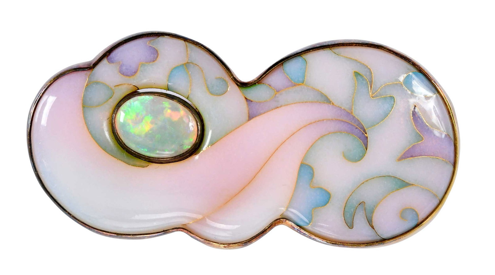 24kt., 20kt., 18kt., and 14kt. Opal and Cloisonne Brooch by Connie Brauer: circa 1982, oval cabochon cut opal, approx. 8.0mm x 6.0mm, pink, blue, and white opalescent enamel, signed by Connie Brauer, marked "24k, 20k, 18k, 14k", yellow gold, 1-5/8 in. length, 3/4 in. at wide