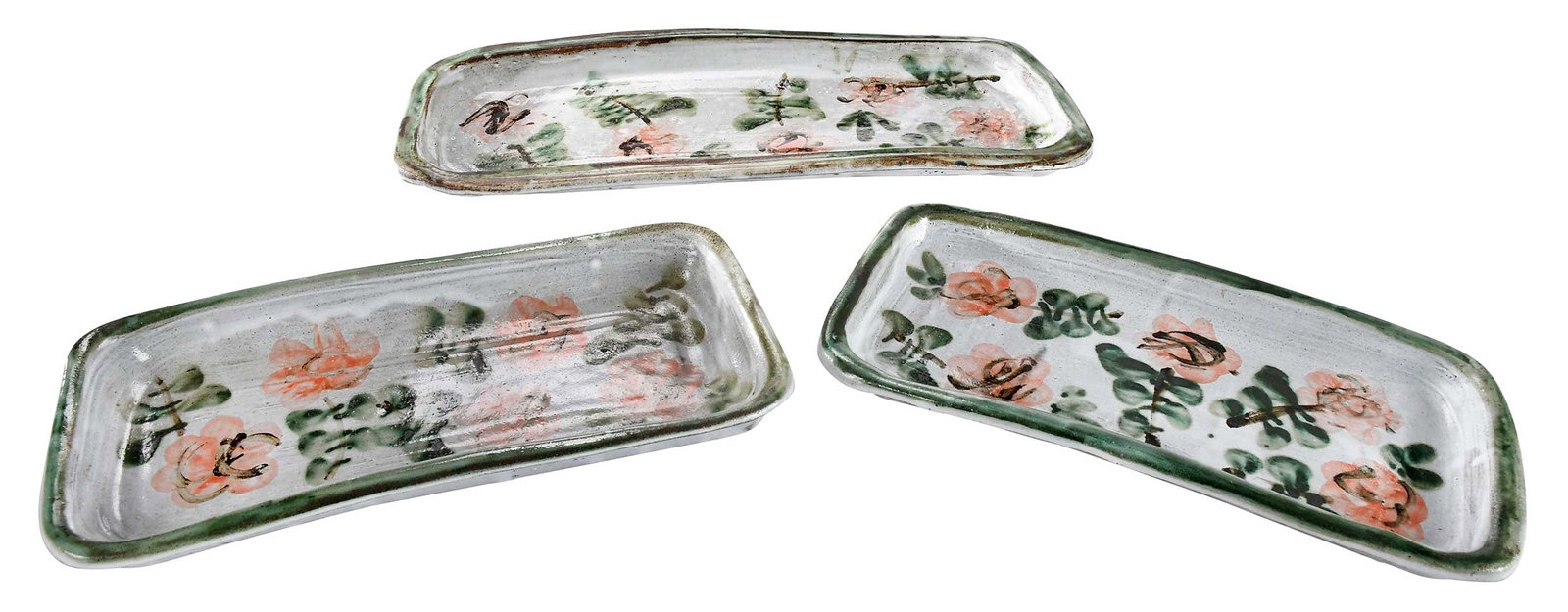 Three Albert Thiry Pink Wild Rose Pottery Trays: (French, 1923-2009) each signed "Thiry" on base, largest 21-3/4 x 8-5/8 x 2 in.