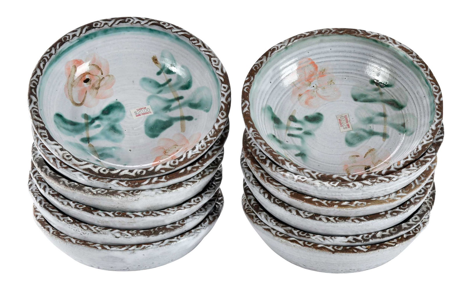 12 Albert Thiry Pink Wild Rose Pottery Bowls: (French, 1923-2009) each signed "Thiry" on base, incised rim decoration, each approximately 2 x 7-1/2 x 7-1/2 in. Provenance: Private Collection