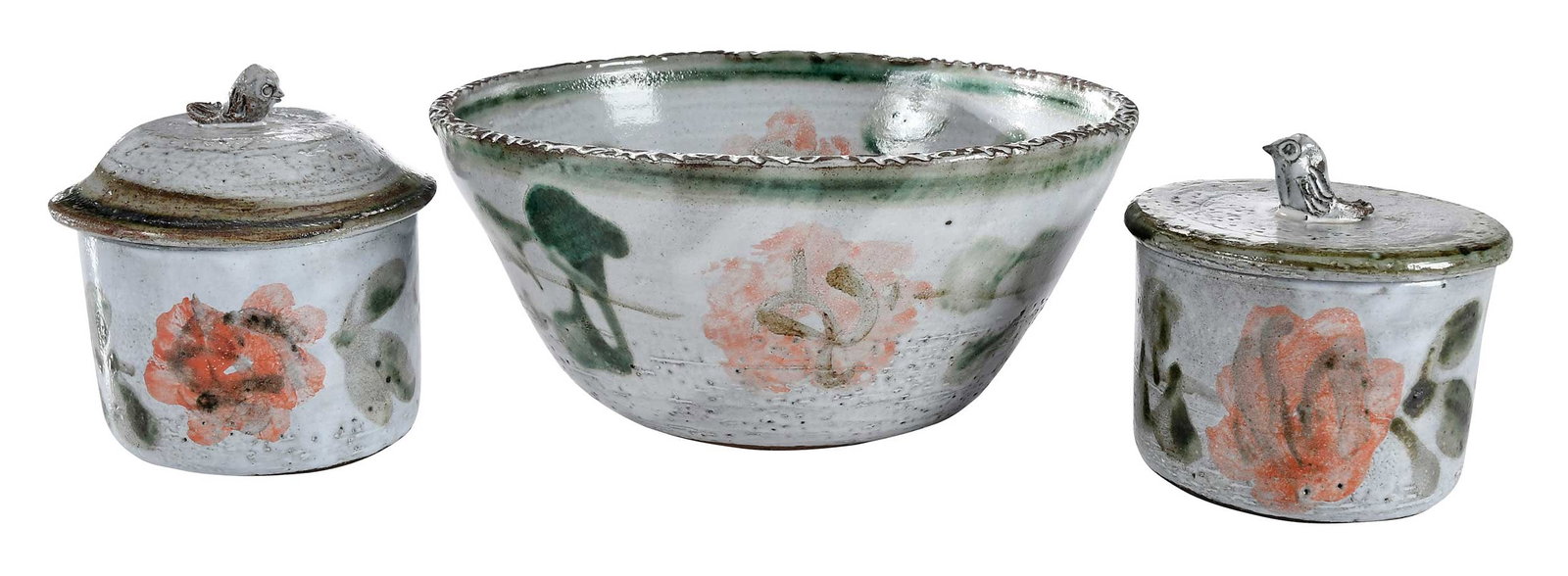 Three Albert Thiry Pottery Pink Wild Rose Table Objects: (French, 1923-2009) each signed "Thiry" on base, largest 4-3/4 x 10-1/4 x 10-1/4 in. Provenance: Private Collection