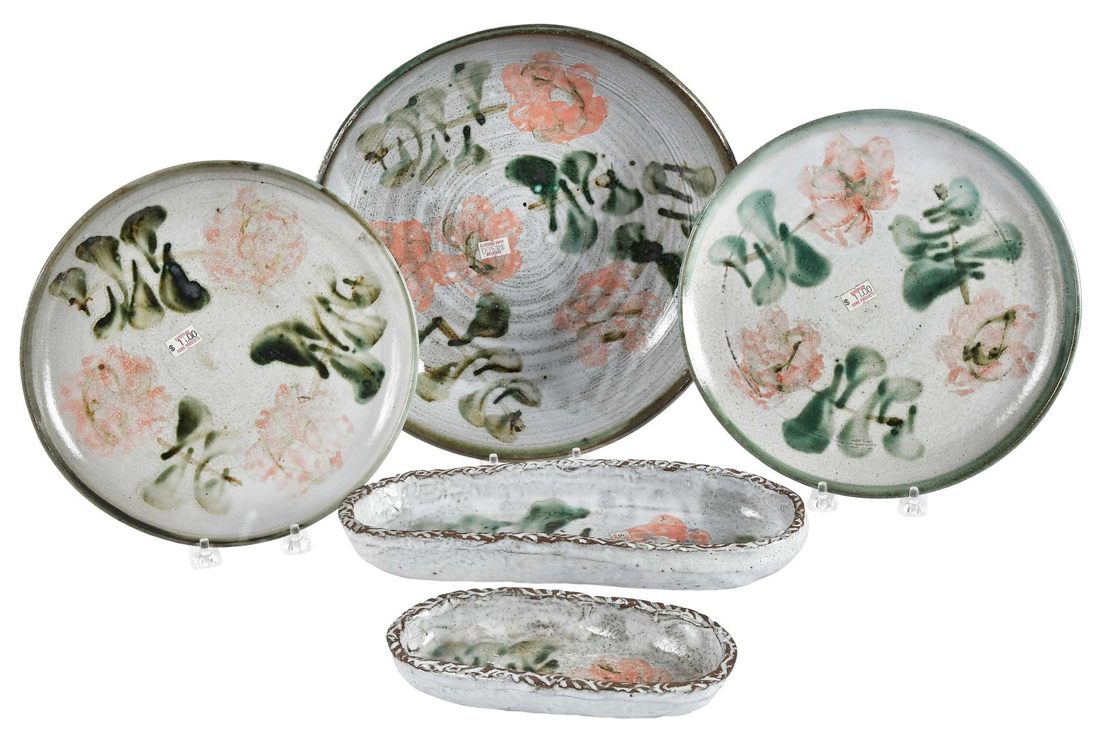 Five Albert Thiry Wild Rose Pottery Dishes: (French, 1923-2009) each signed "Thiry" on base, two with incised foliate rim decoration, largest item 2-1/4 x 11-3/4 x 11-3/4 in. Provenance: Private Collection
