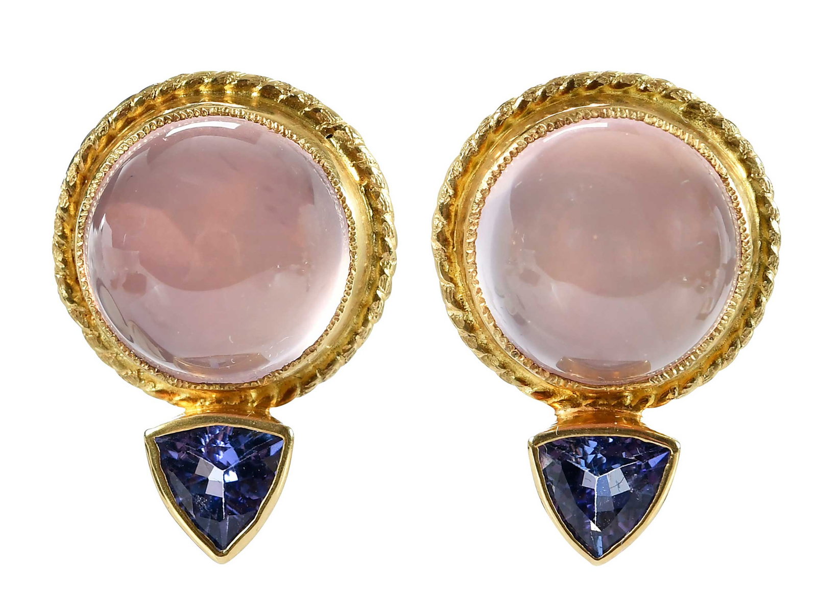 18kt. Rose Quartz and Tanzanite Earrings: two round cabochon cut rose quartz, approx. 14.0mm diameter, two trillion cut tanzinite, signed "JMD", marked "18k", yellow gold, post backs, 1 in. length, 19.1 g Provenance: Private Collection Note: