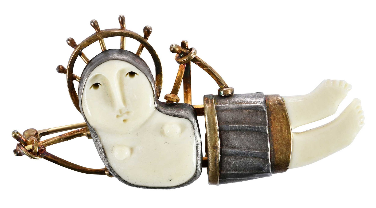 18kt., 22kt. and Sterling Carolyn Morris Bach Brooch: Cupid series, carved bone, signed "Carolyn Morris Bach 2003", marked "18k, 22k, Sterling", yellow gold, 2-1/4 in. length, 1 in. wide, 12.2 g Provenance: Private Collection Note: Brunk Auctions makes n