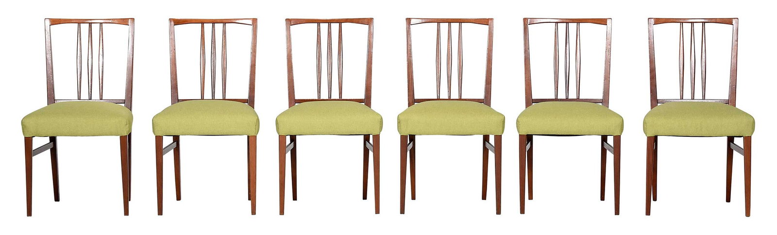 Set of Gordon Russell Broadway Worcs Mid Century Modern Mahogany Side Chairs: circa 1950, chartreuse upholstered seats, most with metal badges to undersides, 34 x 19 x 21 in., seat height 18-3/4 in. Provenance: Private Collection, Asheville, North Carolina