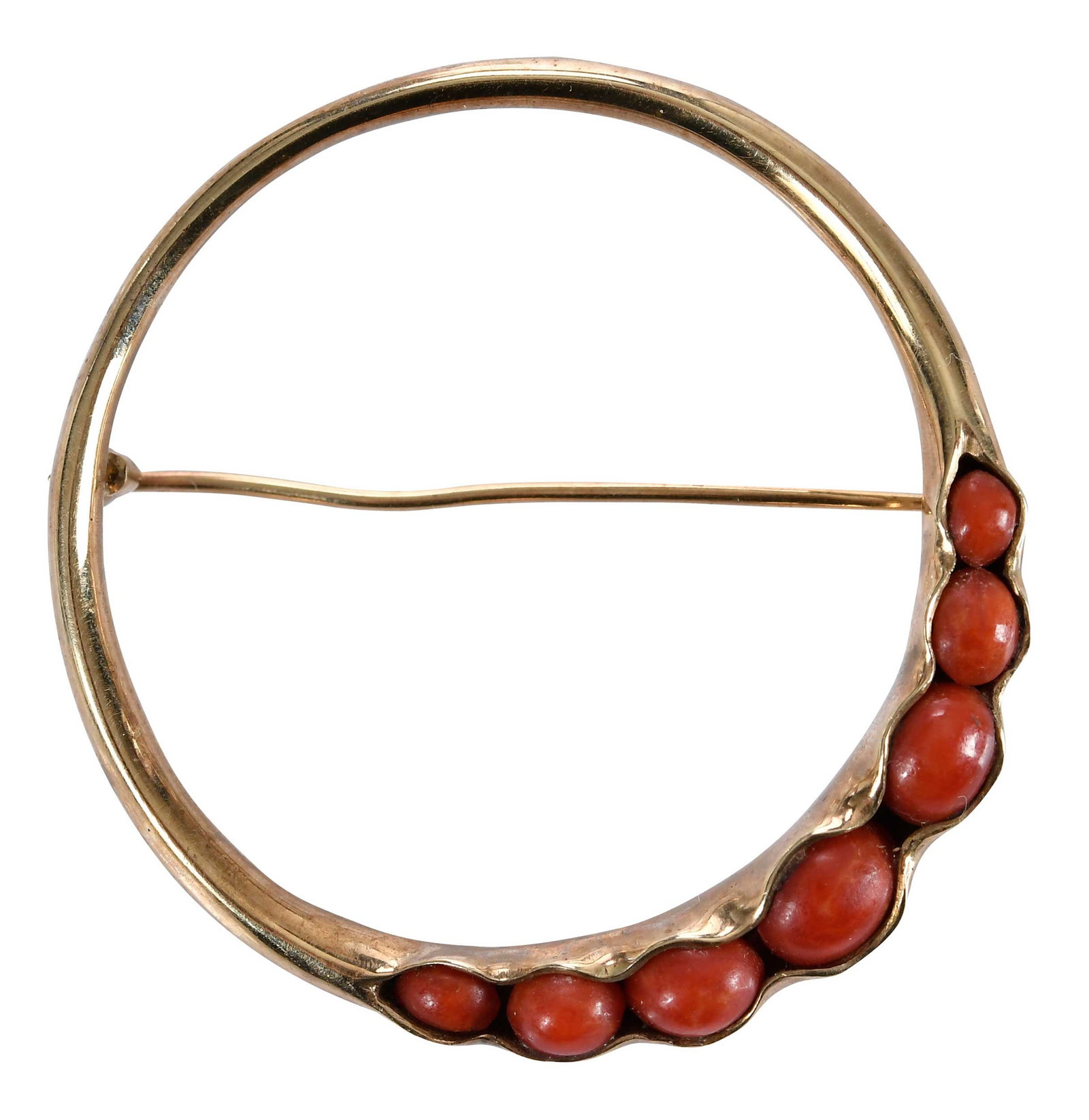 9kt. Vintage Coral Circular Shaped Brooch: seven oval red coral, graduating in size, approx. 6.5mm x 4.5mm - 4.0mm x x3.0mm, marked "PD, 375", yellow gold, UK hallmark, 1-5/8 in. diameter, 10.5 gProvenance: Private CollectionNote: This piece