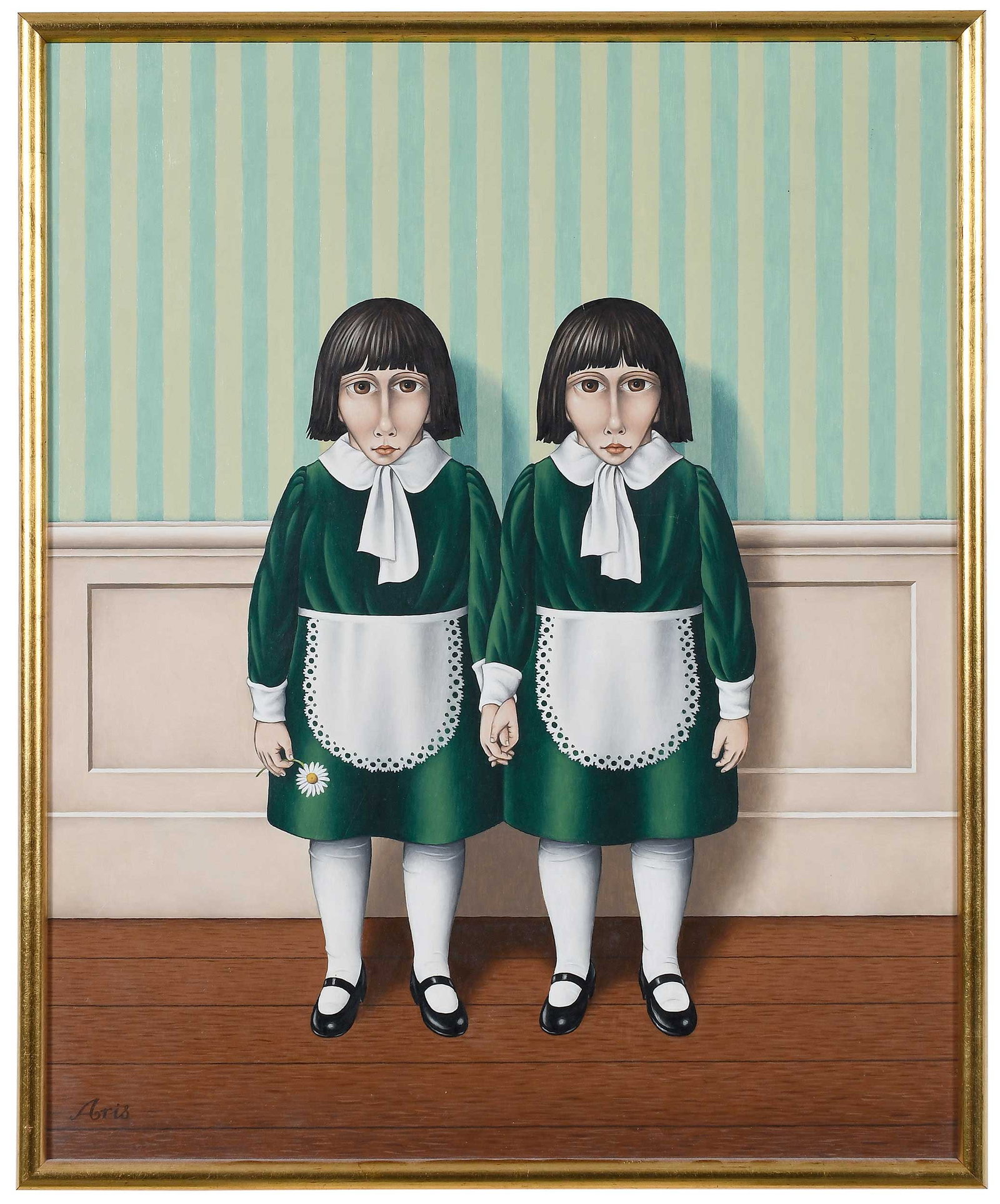 Fred Aris Surrealist Painting: (British, born 1932)Twins, signed lower left "Aris", titled on label verso, oil on wood composite panel, 21-5/8 x 17-3/4 in.; gilt wood frame, 22-3/8 x 18-1/2 in.Provenance: Provenance: Portal