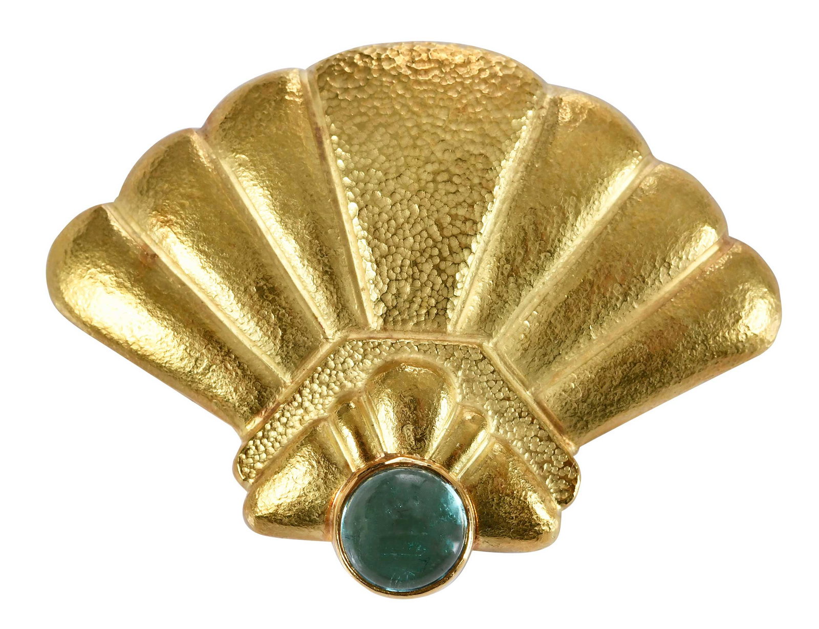 18kt. Indicolite Tourmaline Fan Form Brooch: round indicolite tourmaline cut cabochon, approx. 9.0mm, signed "Libby", marked "18k", yellow gold, textured finish, 2-1/8 in. at widest, 1-5/8 in. length, 12.7 gProvenance: Private CollectionNote: