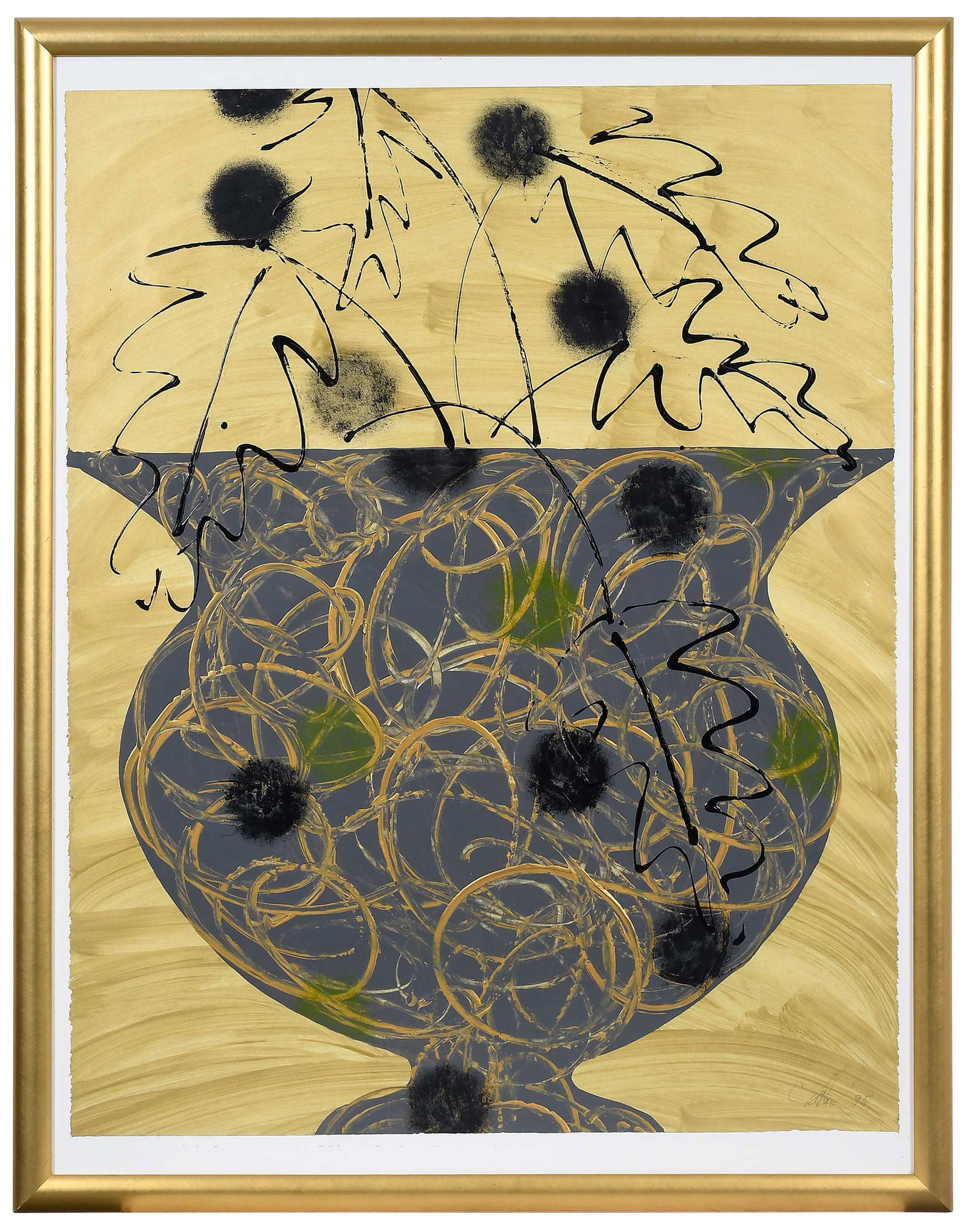 Catherine Warren, Gestural Still Life: (American, born 1946)Vase with flowers, 1995, signed lower right "C.Warren '95", acrylic on paper; modern gilt frame, 55-1/4 x 43-1/4 x 1 in.Provenance: Ann Kendall Richards, Inc, New York City, New