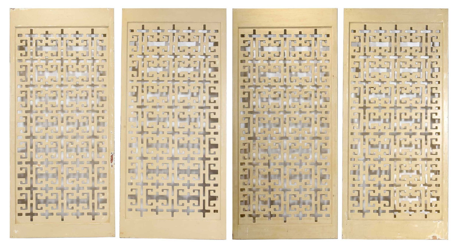 Set of Four Mid Century Modern Painted Lattice Room Divider Panels: 20th century, cream painted, pierced latticework design, 97-1/4 x 44-1/2 x 1-1/8 in.