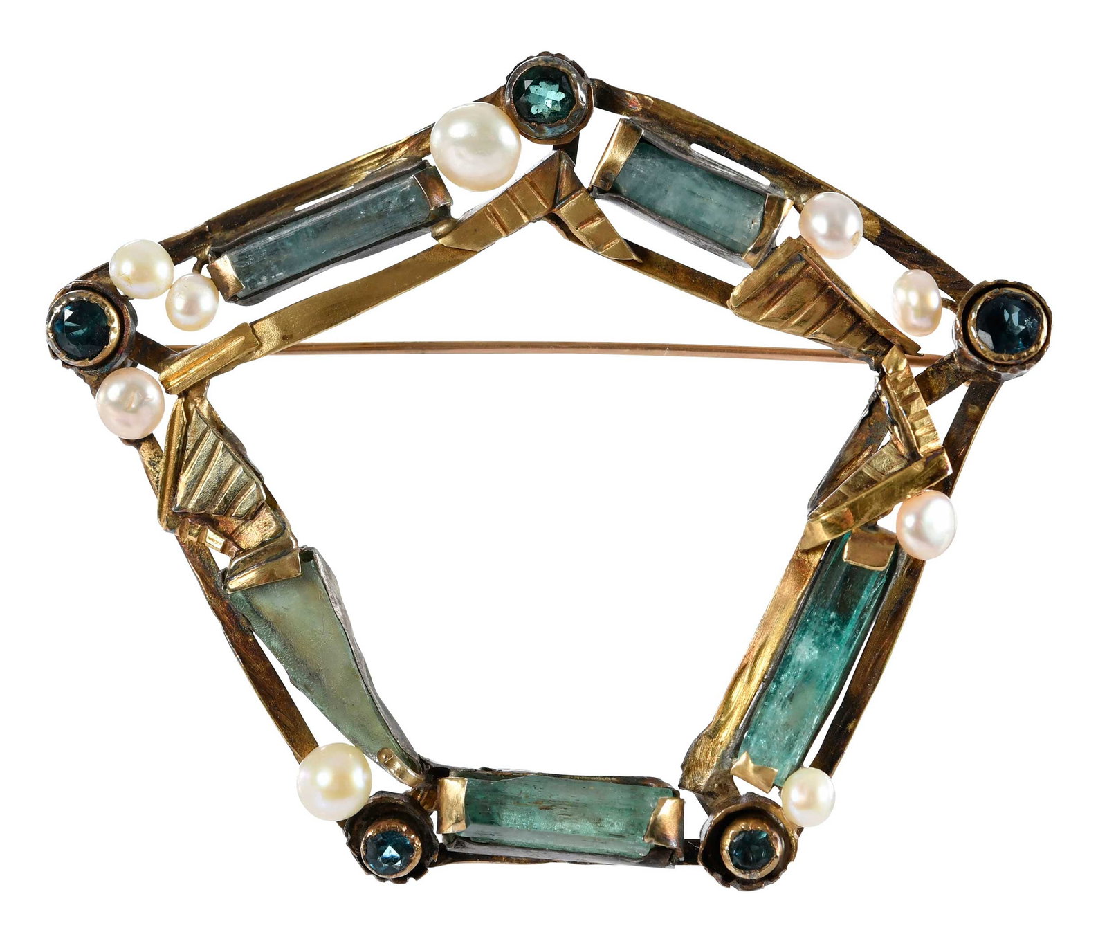 14kt. and Sterling Tourmaline and Pearl Geometric Shape Brooch: four elongated columnar natural crystal tourmaline, five round cut faceted tourmalines, nine button pearls, tests 14kt. yellow gold, and sterling silver, 2-7/8 in. x 2-3/8 in. overall measurement, 23.