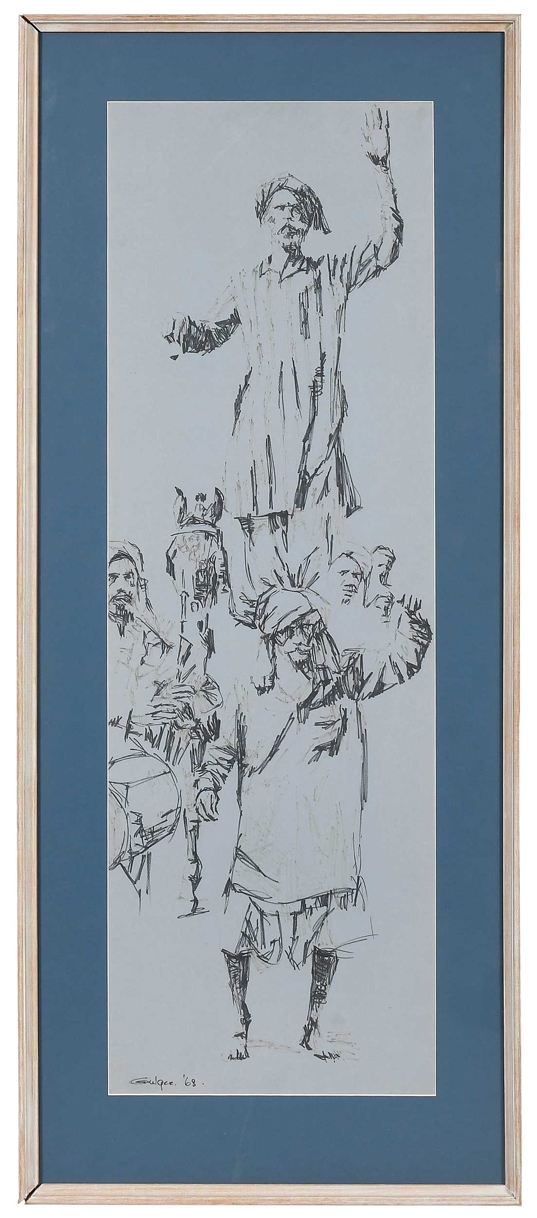 Ismail Gulgee, Pakistanis with Horse: (Pakistani, 1926-2007)1968, signed lower left "Gulgee '68", marker on gray paper, sight 42-1/2 x 14-1/8 in.; pickled wood frame, 50-3/4 x 21-3/4 xProvenance: From the Collection of Louise Mozena,