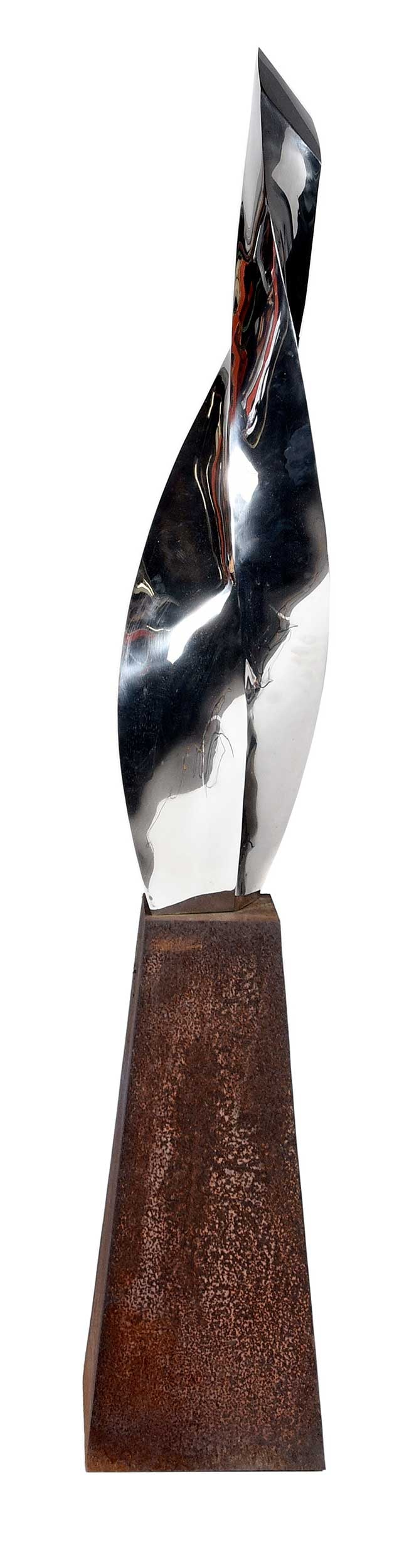 Modern Steel Sculpture: (21st century)Twist form in polished steel with rusted trapezoidal Corten steel integral base, unsigned, overall 83-1/4 x 14-1/8 x 14-1/8 in.Provenance: Private Collection, Highlands, North Carolina