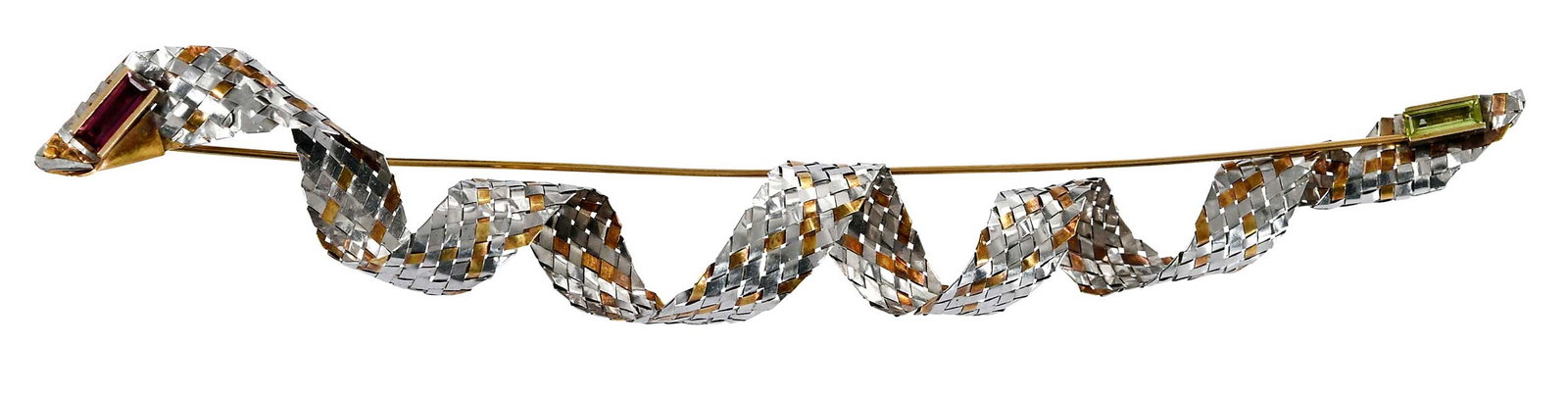 14kt. Sculpted Ribbon Brooch with Tourmalines (1 of 7)