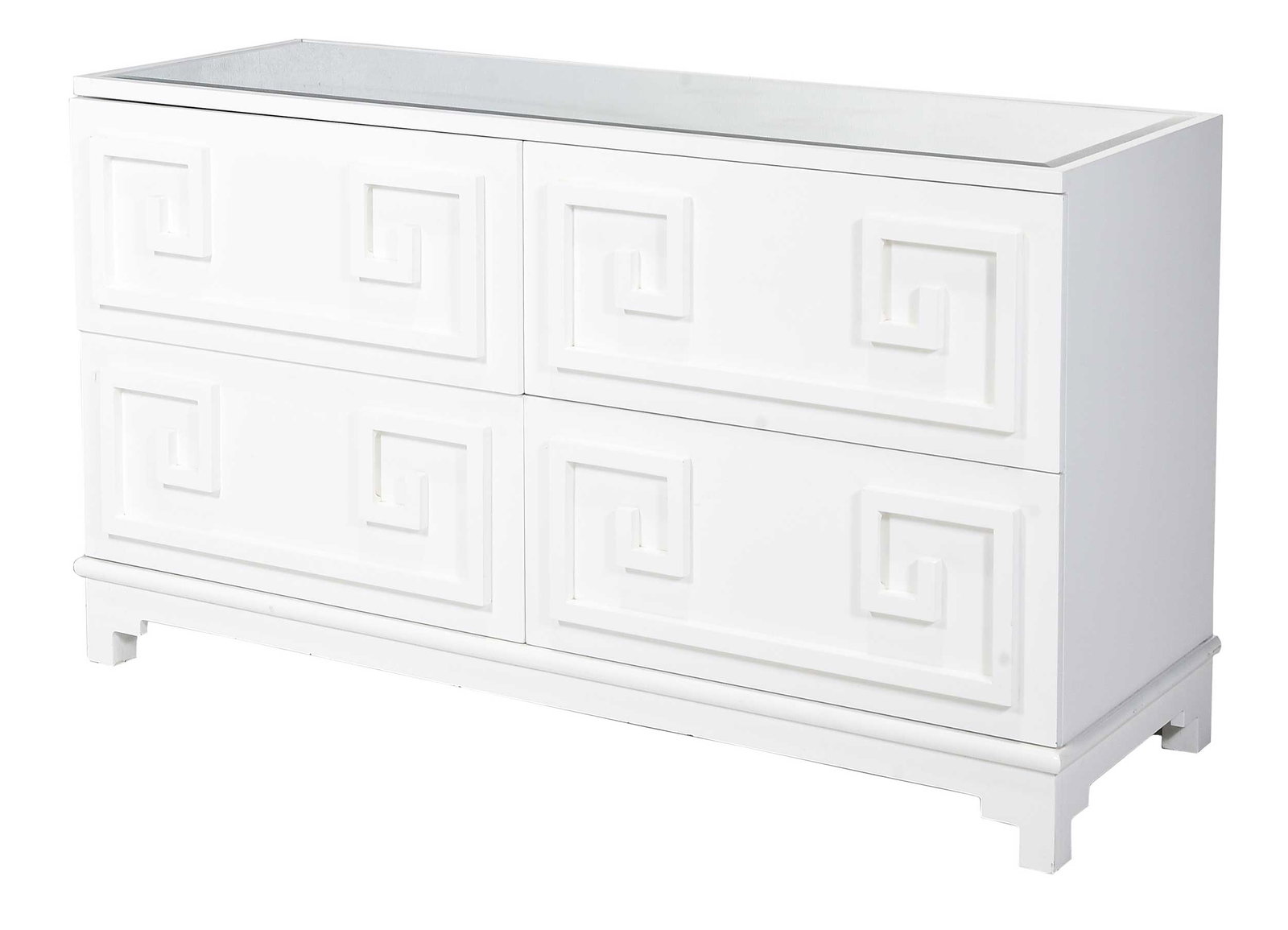 Worlds Away "Werstler" White Lacquered Mirror Top Four Drawer Dresser: 21st century, inset beveled mirror top, four short drawers with Greek key motif pulls, stepped bracket feet, 34-1/2 x 61 x 20-1/2 in.